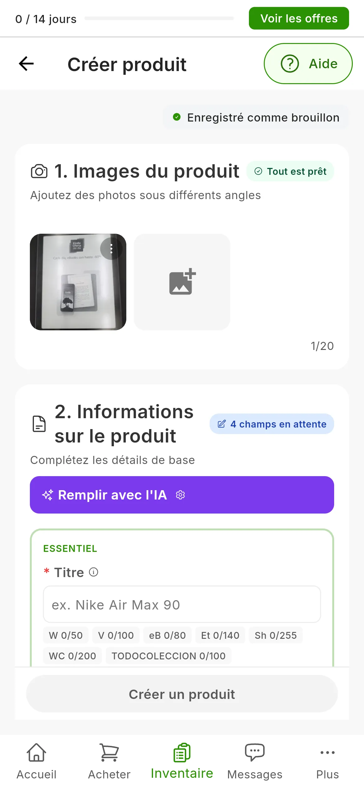 Le formulaire de création de produit avec une photo ajoutée et Tout est prêt dans 1. Images du produit ; dans 2. Informations sur le produit, le bouton violet Remplir avec l'IA accompagné de la roue dentée des Paramètres d'IA, et le titre encore vide