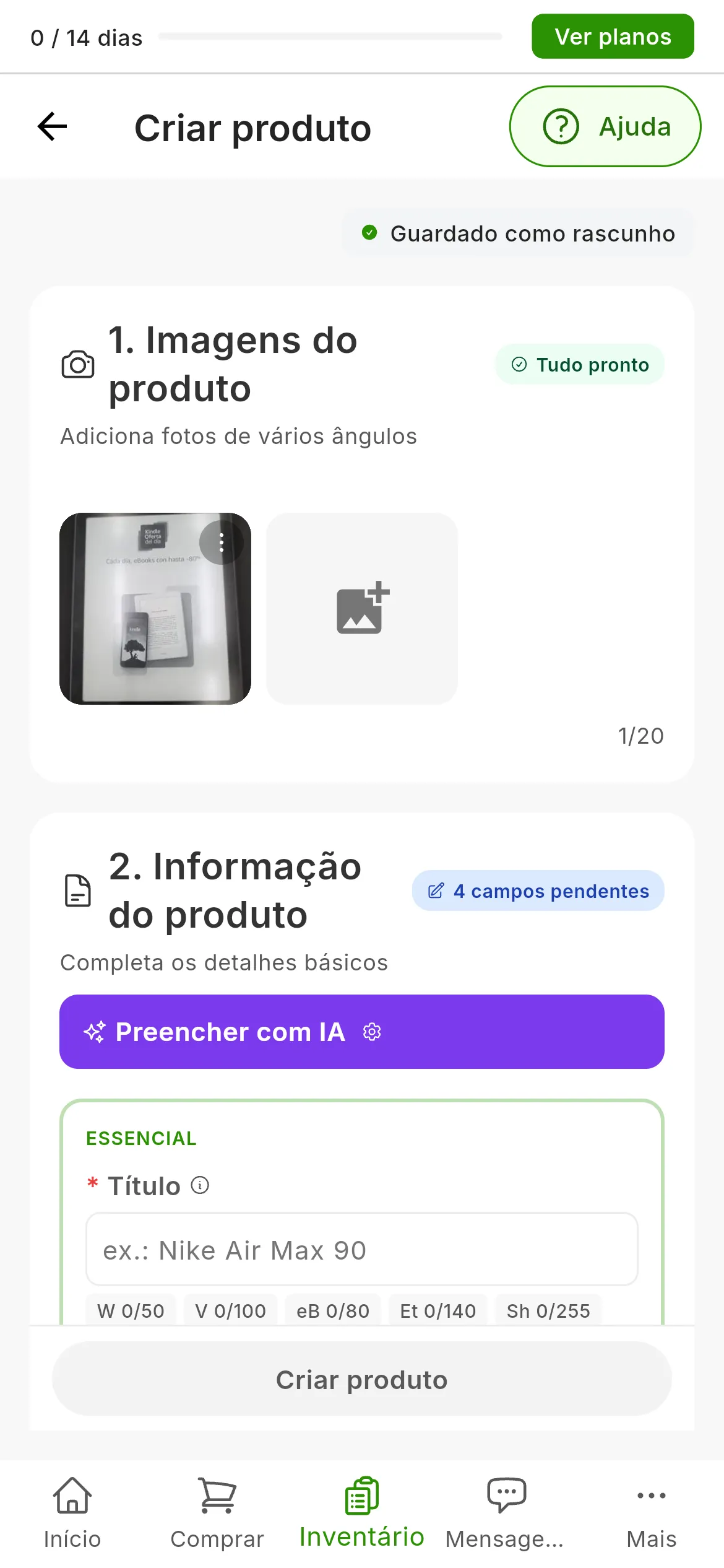 O formulário de criar produto com uma foto carregada e Tudo pronto em 1. Imagens do produto; em 2. Informação do produto, o botão roxo Preencher com IA, com a roda dentada das Definições de IA, e o título ainda vazio