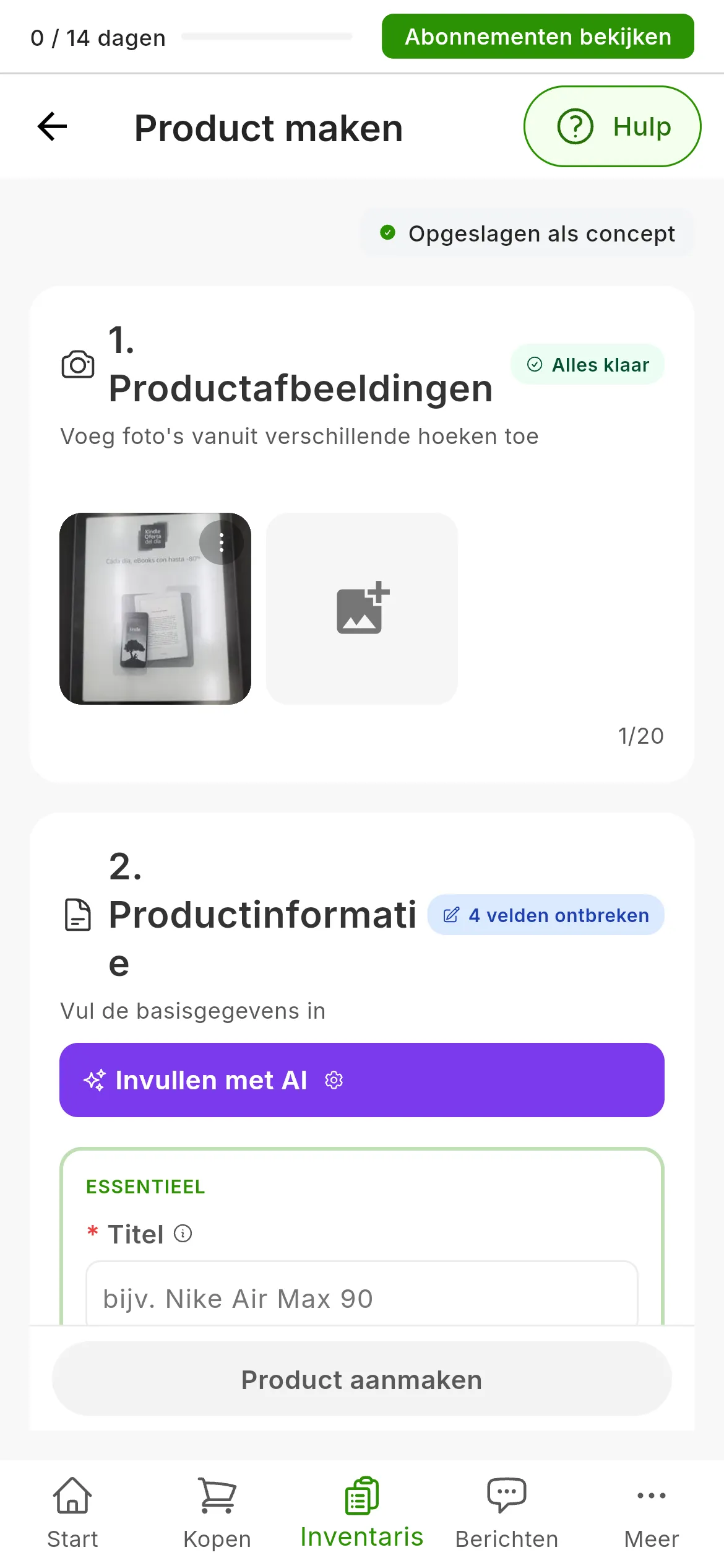 Het formulier om een product aan te maken met één geüploade foto en Alles klaar bij 1. Productafbeeldingen; bij 2. Productinformatie de paarse knop Invullen met AI, samen met het tandwiel van AI-instellingen, en de titel nog leeg