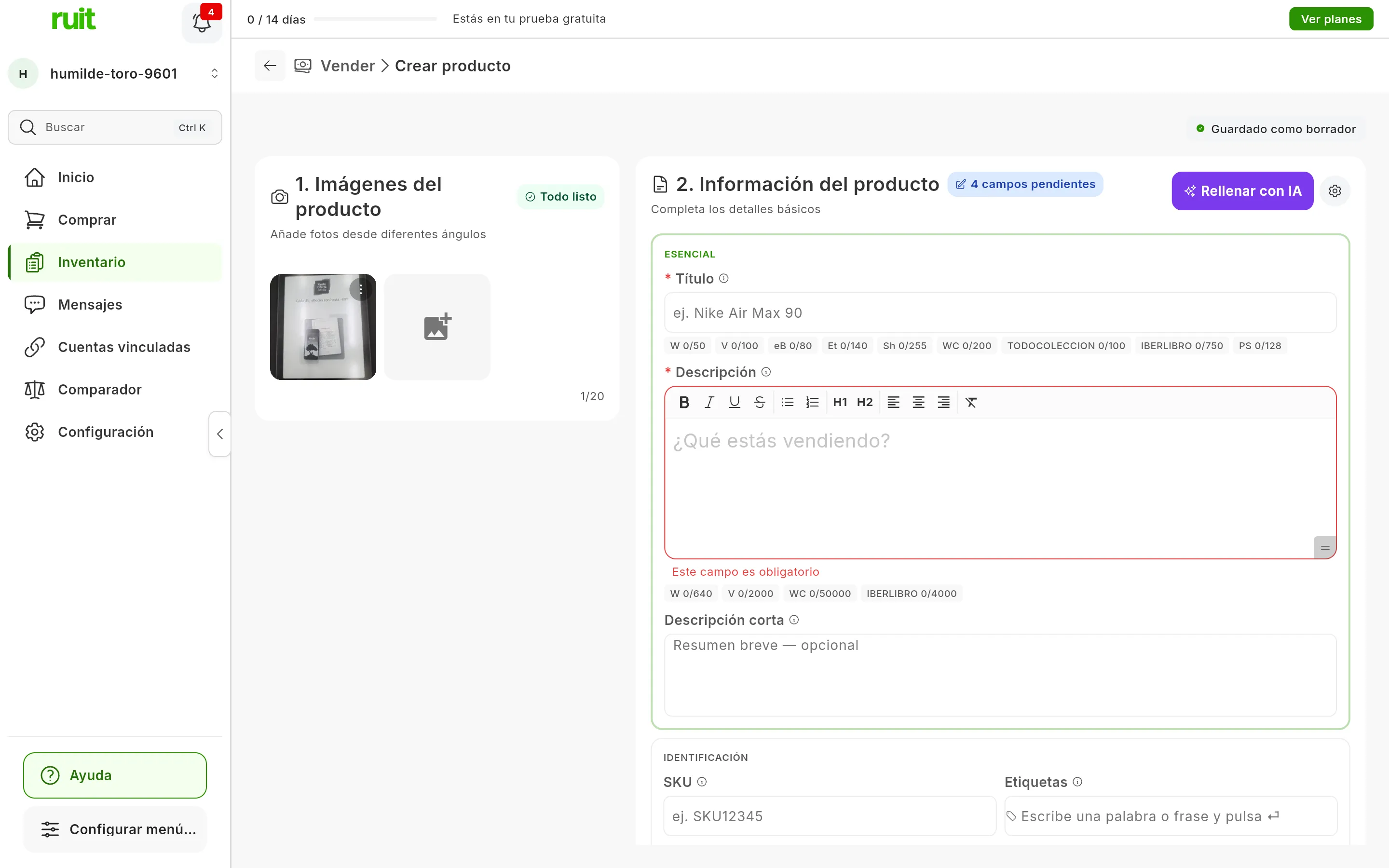 El formulario de crear producto con una foto subida y Todo listo en 1. Imágenes del producto; en 2. Información del producto, el título y la descripción todavía vacíos y, arriba a la derecha, el botón morado Rellenar con IA y el engranaje de Ajustes de IA