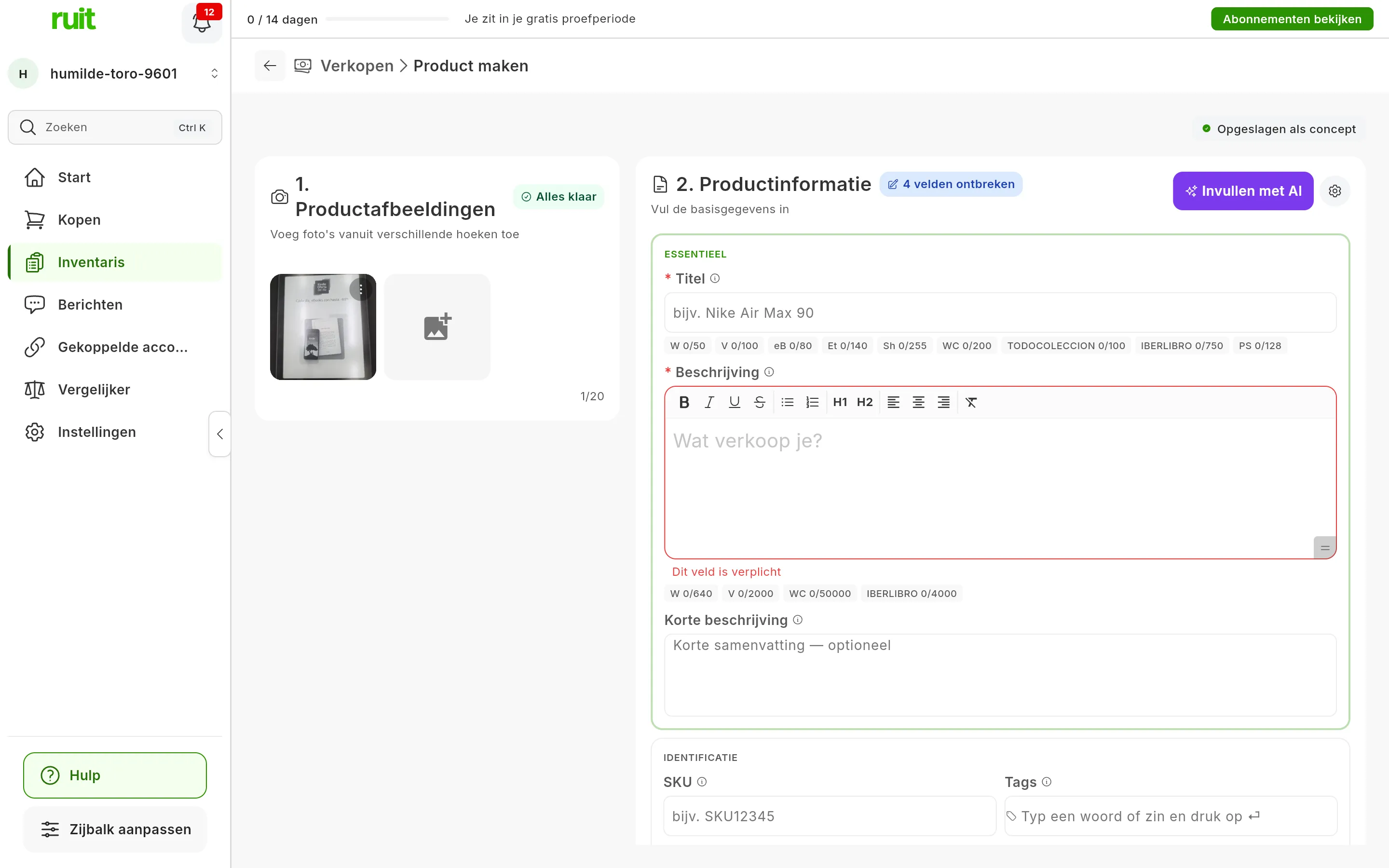 Het formulier om een product aan te maken met één geüploade foto en Alles klaar bij 1. Productafbeeldingen; bij 2. Productinformatie de titel en de beschrijving nog leeg en, rechtsboven, de paarse knop Invullen met AI en het tandwiel van AI-instellingen