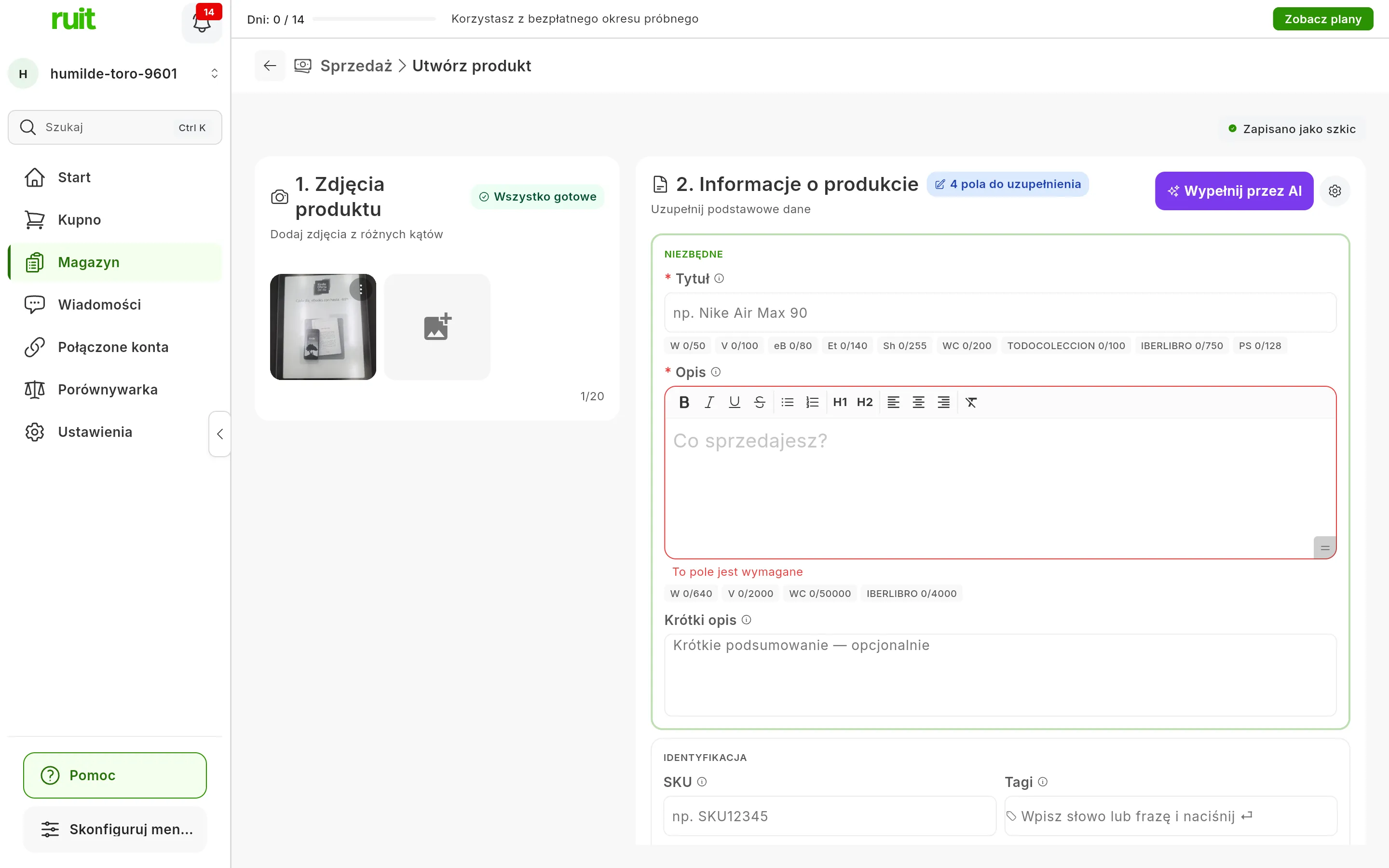 Formularz tworzenia produktu z jednym przesłanym zdjęciem i plakietką Wszystko gotowe w sekcji 1. Zdjęcia produktu; w sekcji 2. Informacje o produkcie tytuł i opis są jeszcze puste, a w prawym górnym rogu widać fioletowy przycisk Wypełnij przez AI i koło zębate Ustawienia AI