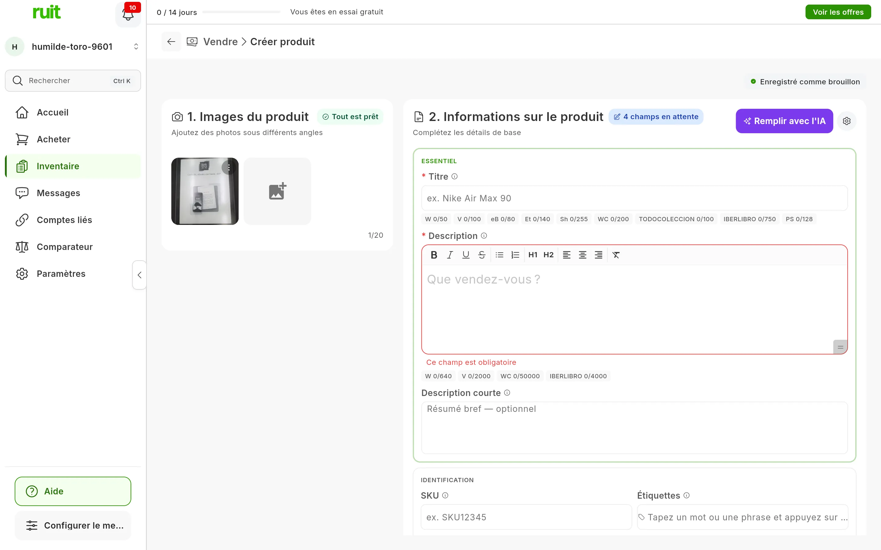 Le formulaire de création de produit avec une photo ajoutée et Tout est prêt dans 1. Images du produit ; dans 2. Informations sur le produit, le titre et la description encore vides et, en haut à droite, le bouton violet Remplir avec l'IA et la roue dentée des Paramètres d'IA