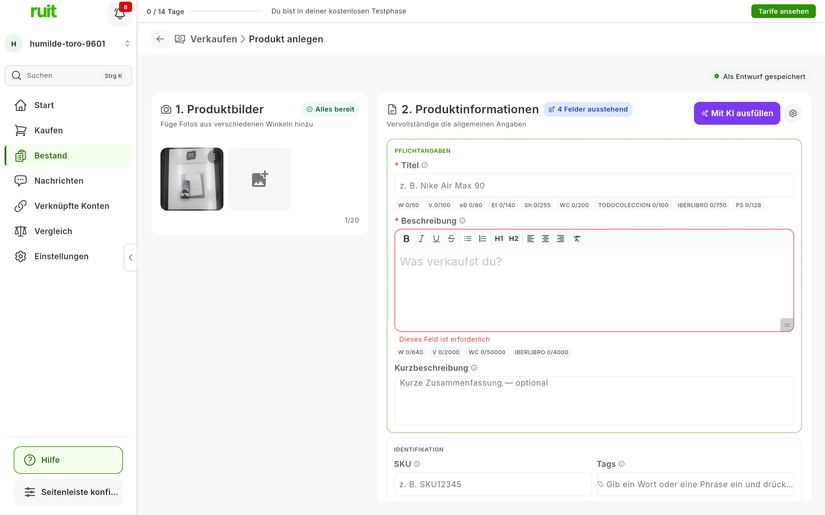 Das Formular zum Anlegen eines Produkts mit einem hochgeladenen Foto und Alles bereit in 1. Produktbilder; in 2. Produktinformationen sind Titel und Beschreibung noch leer, und oben rechts stehen die lila Schaltfläche Mit KI ausfüllen und das Zahnrad der KI-Einstellungen