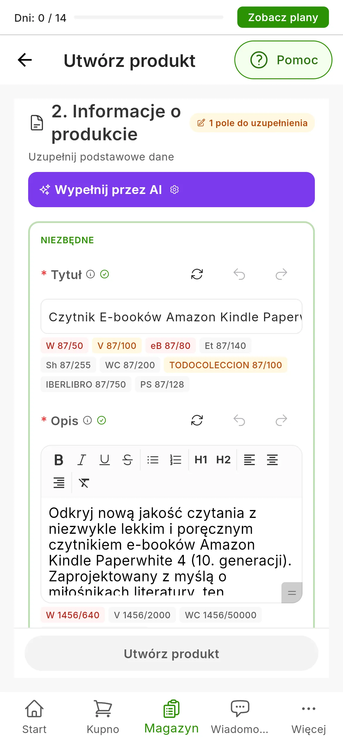 Formularz po użyciu Wypełnij przez AI z jednym zdjęciem czytnika e-booków: tytuł i długi opis napisane przez AI, pod każdym z nich liczniki znaków dla poszczególnych marketplace, niektóre na czerwono, a przy polach Tytuł i Opis przyciski Wygeneruj ponownie, Cofnij i Ponów