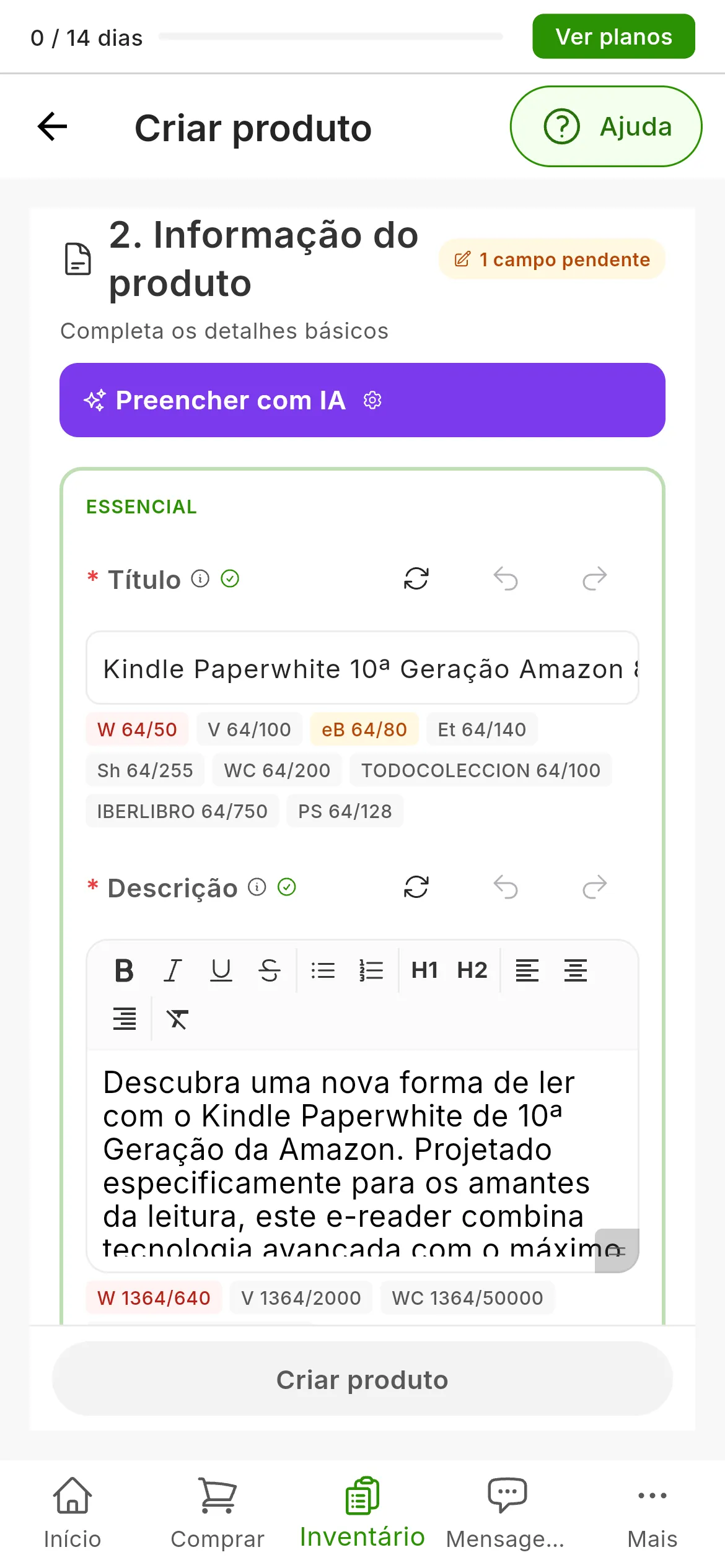 O formulário depois de Preencher com IA com uma única foto de um leitor de livros eletrónicos: o título e uma descrição longa escritos pela IA, os contadores de caracteres de cada marketplace por baixo de cada um, alguns a vermelho, e ao lado de Título e Descrição os botões Regenerar, Desfazer e Refazer