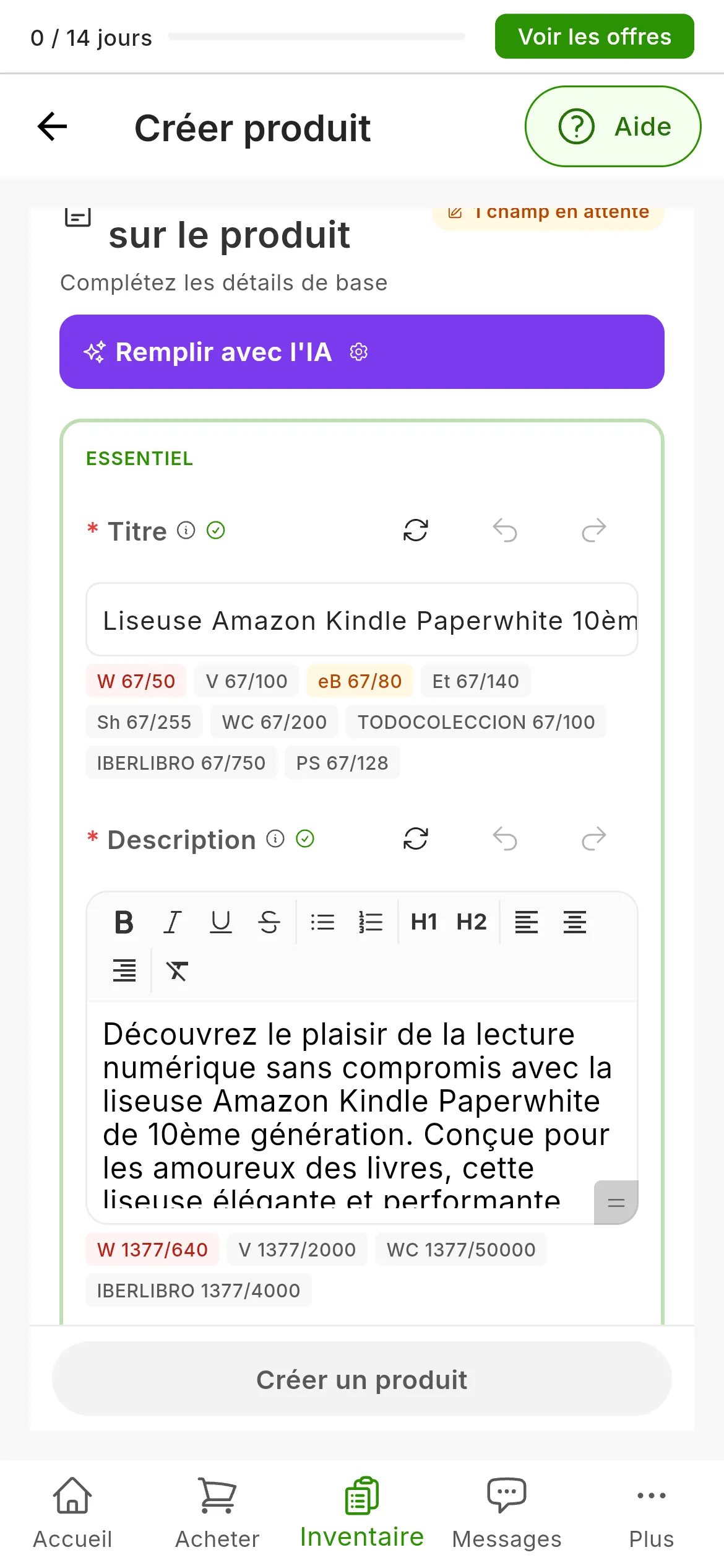 Le formulaire après Remplir avec l'IA avec une seule photo d'une liseuse : le titre et une longue description rédigés par l'IA, les compteurs de caractères de chaque marketplace sous chacun d'eux, certains en rouge, et à côté de Titre et Description les boutons Régénérer, Annuler et Rétablir
