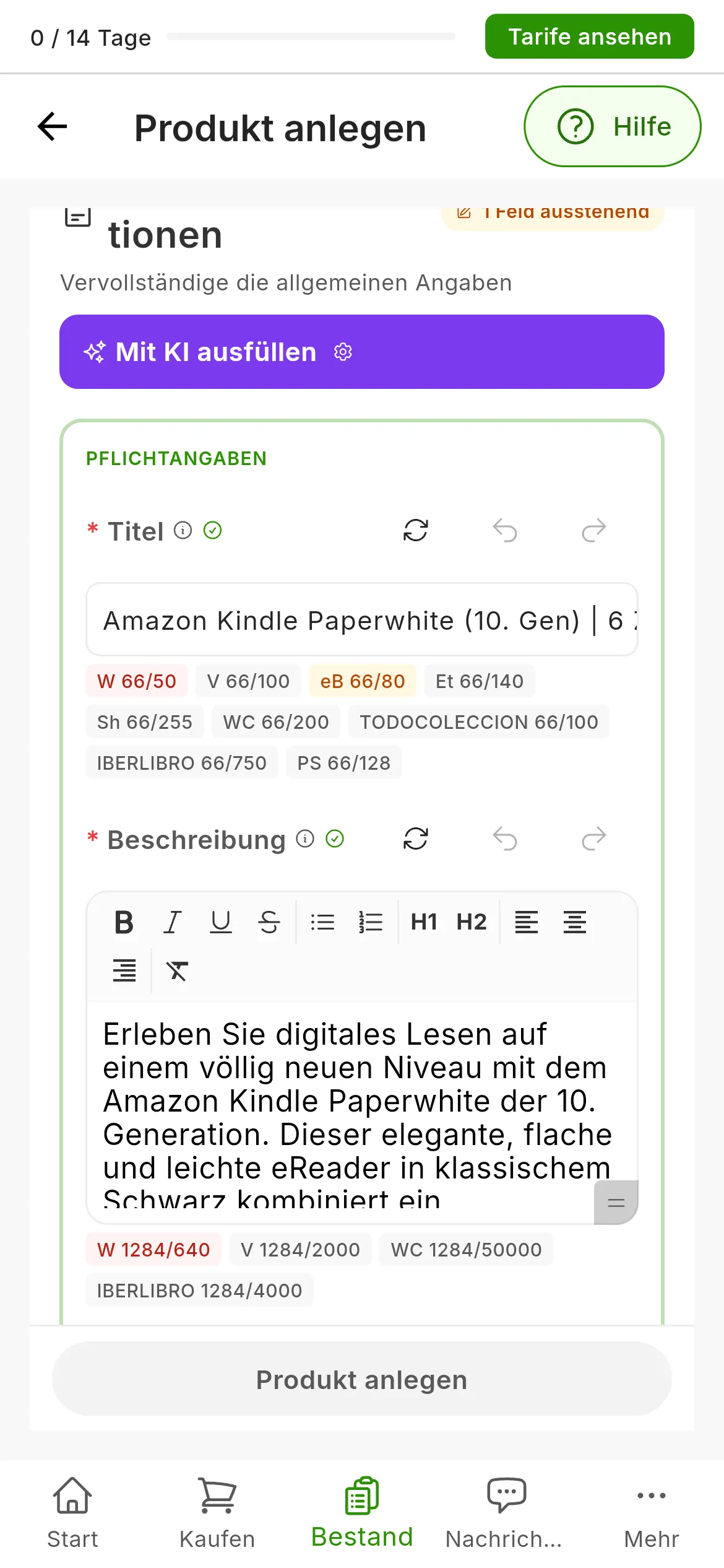 Das Formular nach Mit KI ausfüllen mit einem einzigen Foto eines E-Book-Readers: der Titel und eine lange Beschreibung, von der KI geschrieben, darunter jeweils die Zeichenzähler jedes Marktplatzes, einige in Rot, und neben Titel und Beschreibung die Schaltflächen zum Neugenerieren, Rückgängig und Wiederholen