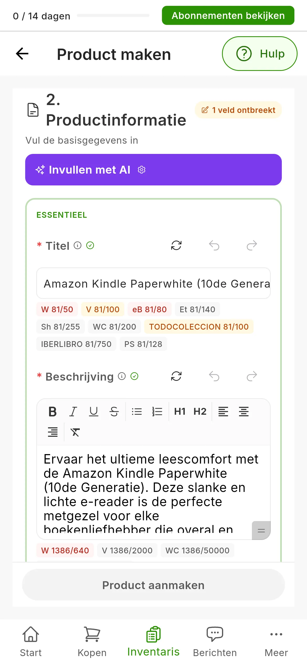 Het formulier na Invullen met AI met één foto van een e-reader: de titel en een lange beschrijving geschreven door de AI, onder elk de tekentellers van elke marketplace, sommige in het rood, en naast Titel en Beschrijving de knoppen om opnieuw te genereren, Ongedaan maken en Opnieuw