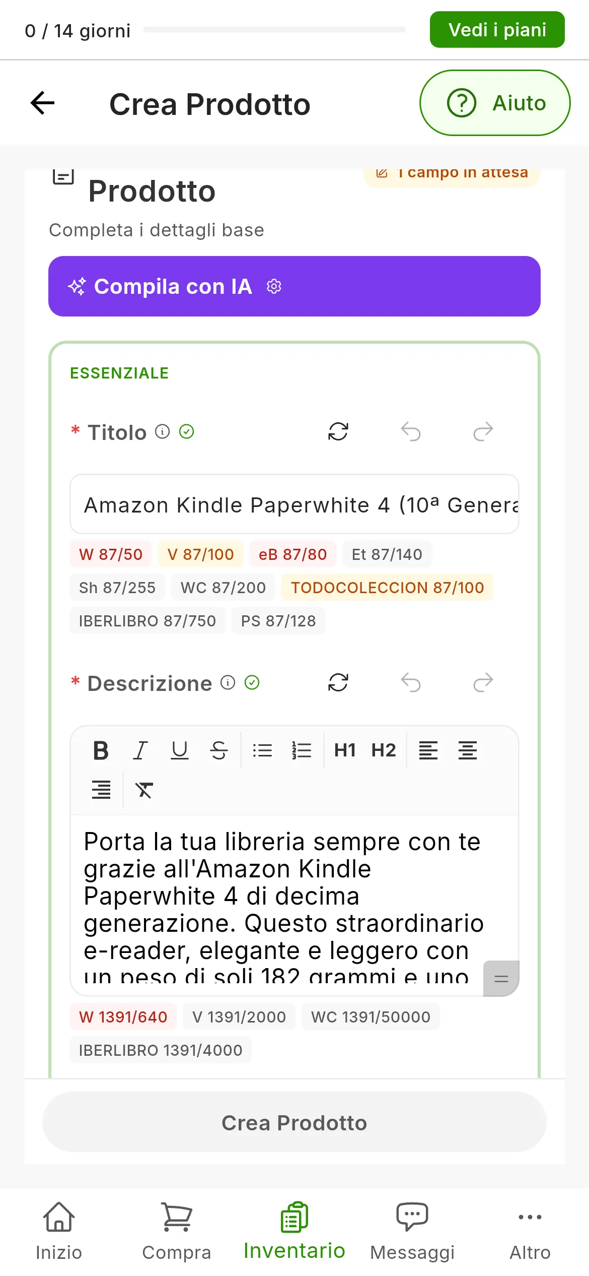 Il modulo dopo Compila con IA con una sola foto di un lettore di ebook: il titolo e una descrizione lunga scritti dall'IA, i contatori di caratteri di ogni marketplace sotto ciascuno, alcuni in rosso, e accanto a Titolo e Descrizione i pulsanti Rigenera, Annulla e Ripeti
