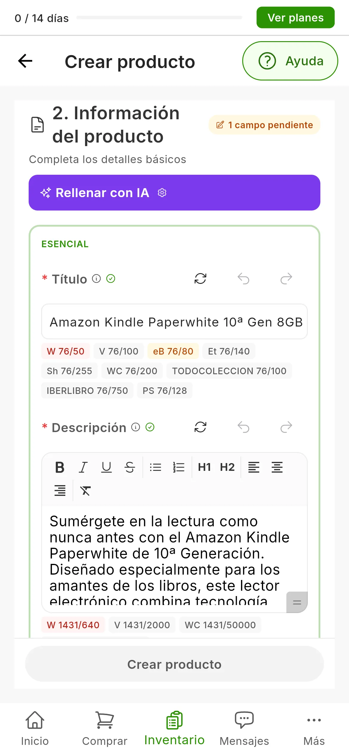 El formulario después de Rellenar con IA con una sola foto de un lector de libros electrónicos: el título y una descripción larga escritos por la IA, los contadores de caracteres de cada marketplace debajo de cada uno, algunos en rojo, y junto a Título y Descripción los botones Regenerar, Deshacer y Rehacer