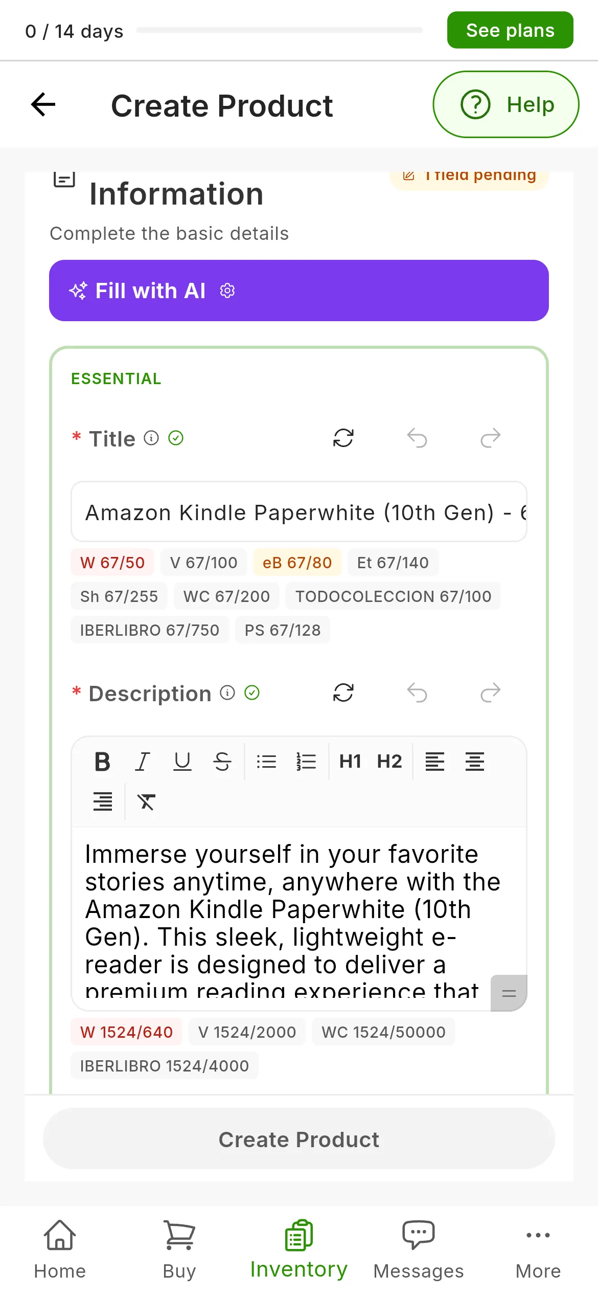 The form after Fill with AI with a single photo of an e-reader: the title and a long description written by the AI, the character counters for each marketplace below each of them, some in red, and next to Title and Description the Regenerate, Undo and Redo buttons