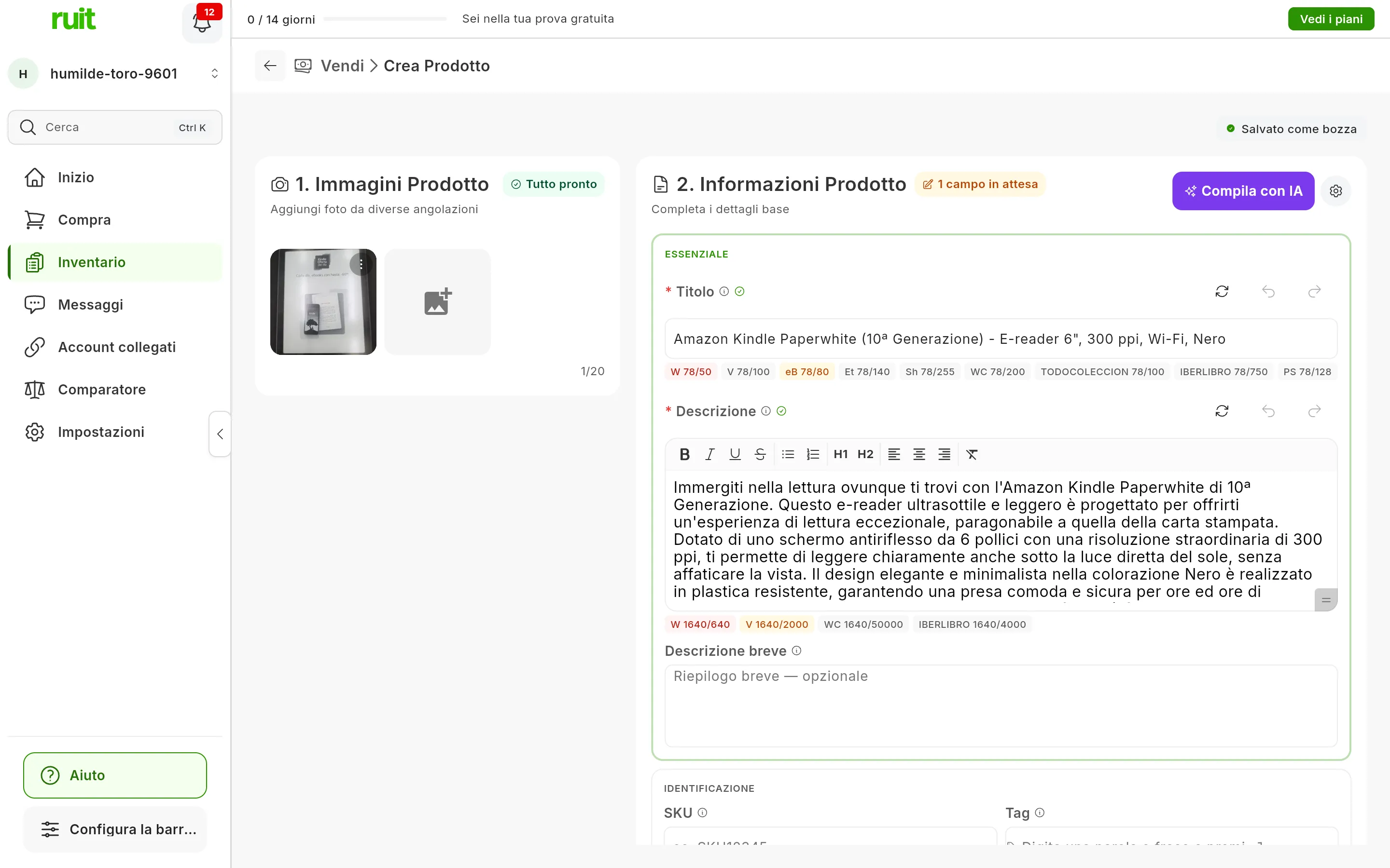 Il modulo dopo Compila con IA con una sola foto di un lettore di ebook: il titolo e una descrizione lunga scritti dall'IA, i contatori di caratteri di ogni marketplace sotto ciascuno, alcuni in rosso, e accanto a Titolo e Descrizione i pulsanti Rigenera, Annulla e Ripeti