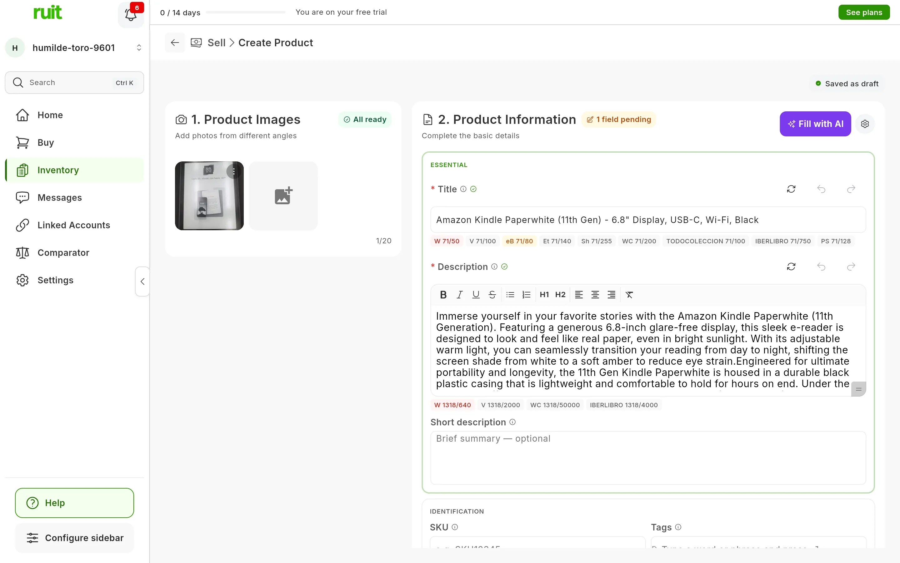 The form after Fill with AI with a single photo of an e-reader: the title and a long description written by the AI, the character counters for each marketplace below each of them, some in red, and next to Title and Description the Regenerate, Undo and Redo buttons
