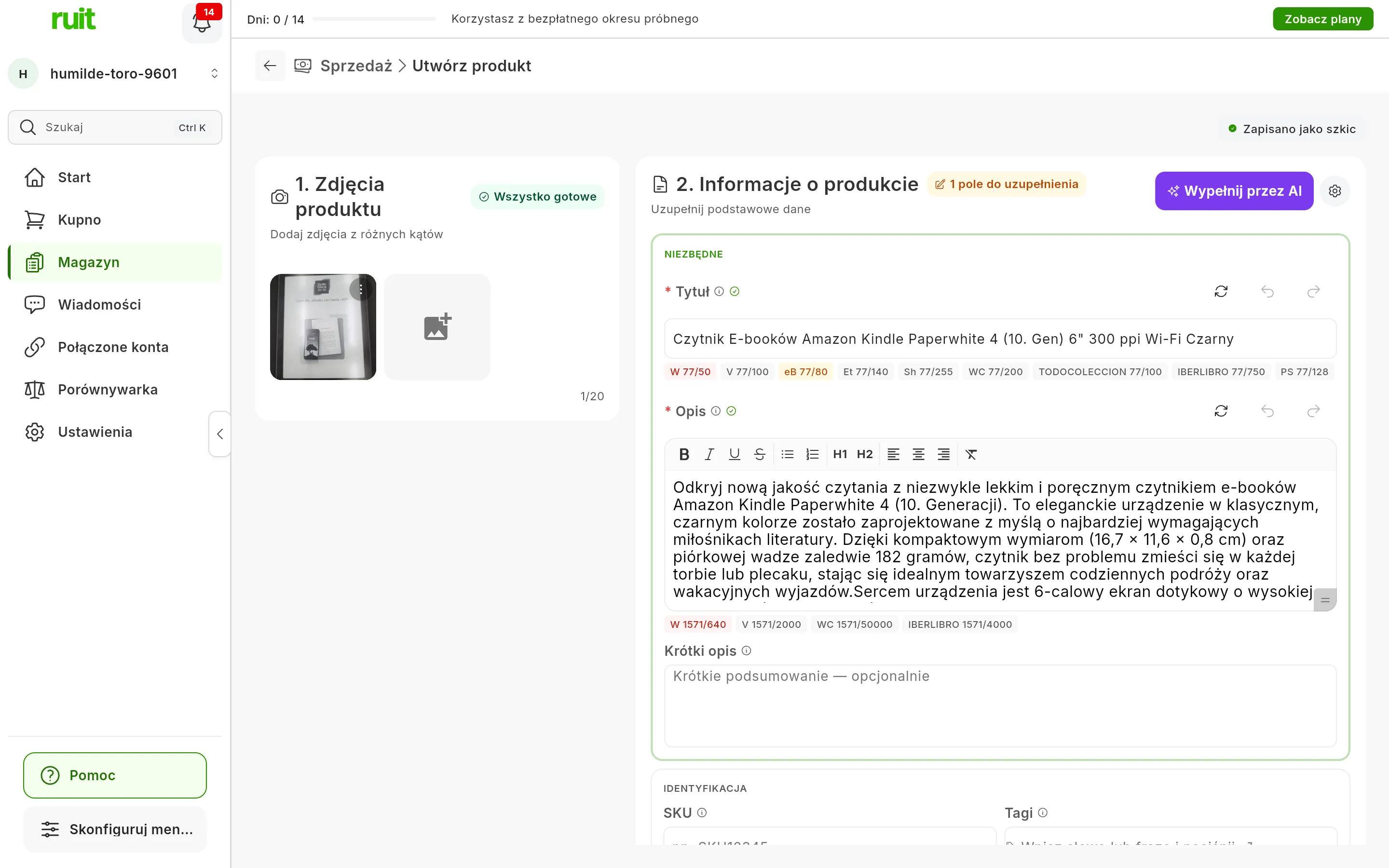 Formularz po użyciu Wypełnij przez AI z jednym zdjęciem czytnika e-booków: tytuł i długi opis napisane przez AI, pod każdym z nich liczniki znaków dla poszczególnych marketplace, niektóre na czerwono, a przy polach Tytuł i Opis przyciski Wygeneruj ponownie, Cofnij i Ponów