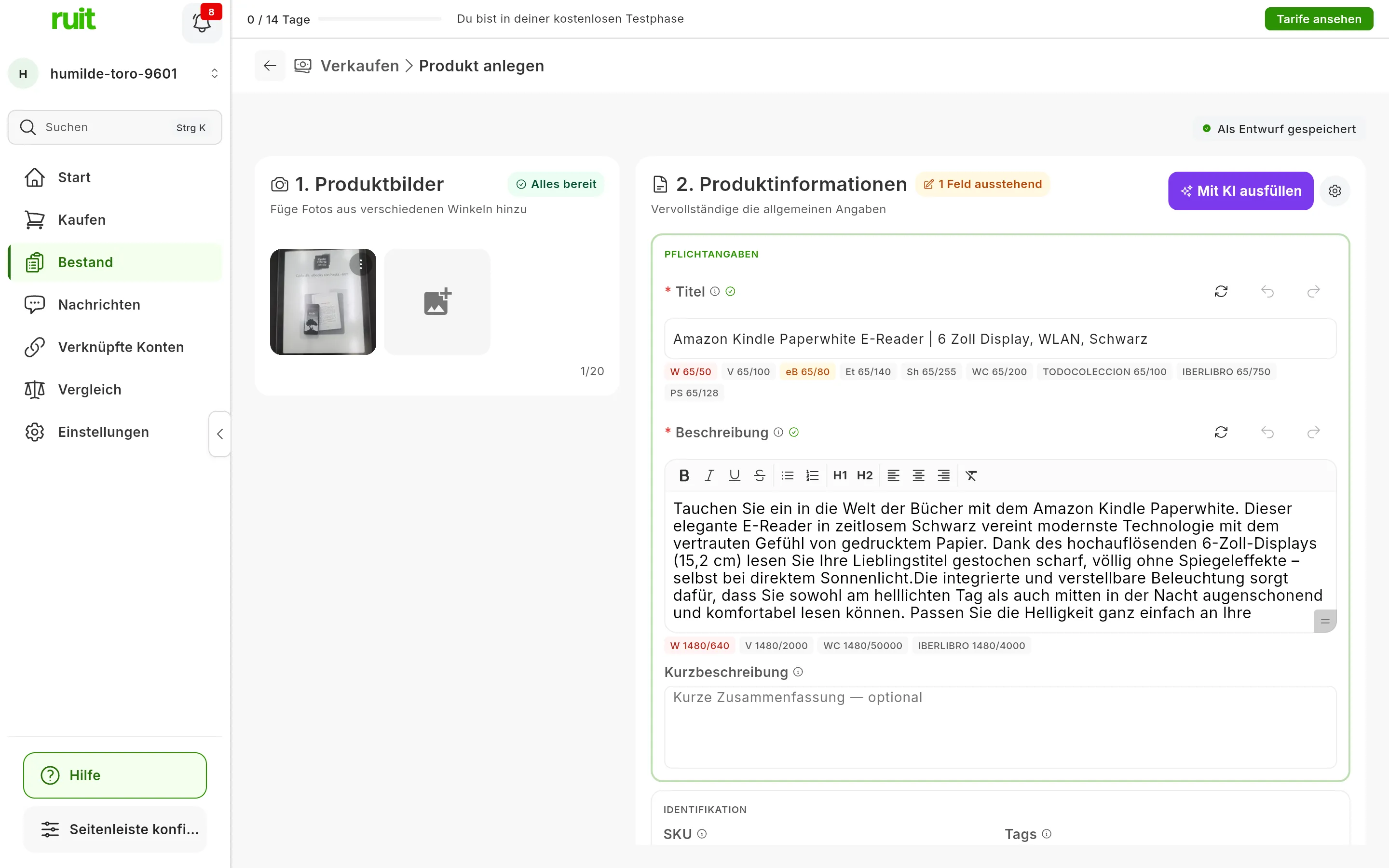 Das Formular nach Mit KI ausfüllen mit einem einzigen Foto eines E-Book-Readers: der Titel und eine lange Beschreibung, von der KI geschrieben, darunter jeweils die Zeichenzähler jedes Marktplatzes, einige in Rot, und neben Titel und Beschreibung die Schaltflächen zum Neugenerieren, Rückgängig und Wiederholen