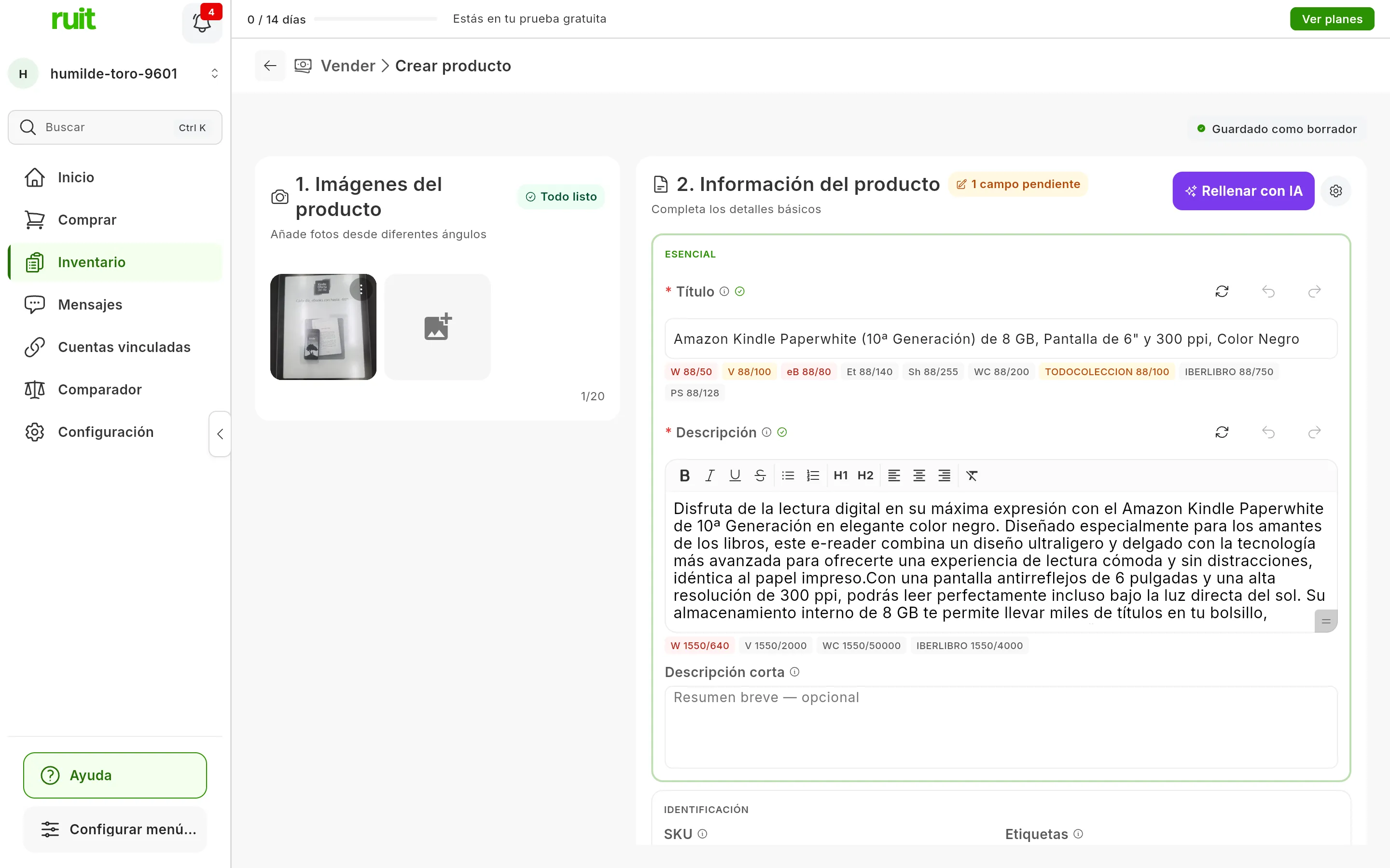 El formulario después de Rellenar con IA con una sola foto de un lector de libros electrónicos: el título y una descripción larga escritos por la IA, los contadores de caracteres de cada marketplace debajo de cada uno, algunos en rojo, y junto a Título y Descripción los botones Regenerar, Deshacer y Rehacer