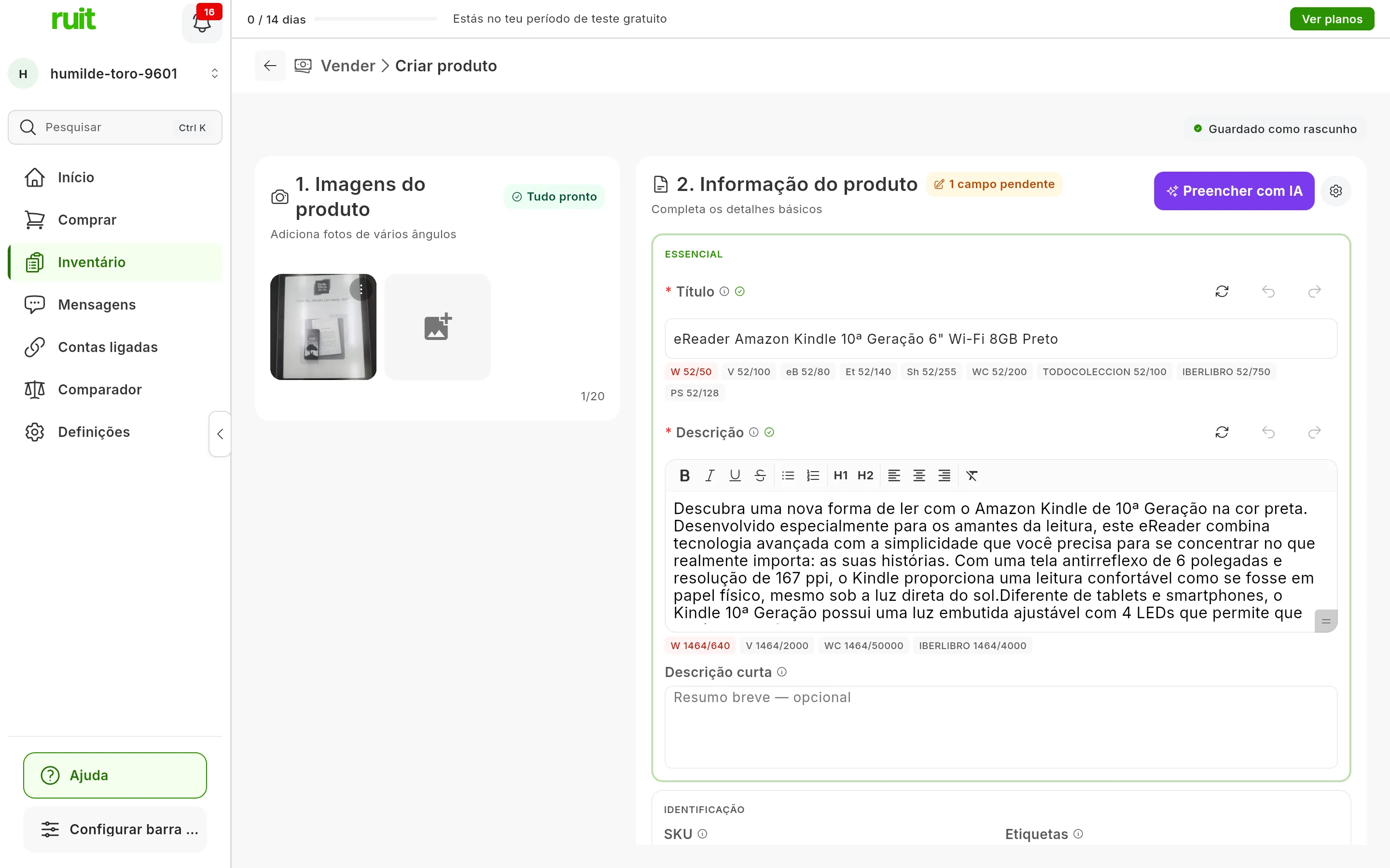 O formulário depois de Preencher com IA com uma única foto de um leitor de livros eletrónicos: o título e uma descrição longa escritos pela IA, os contadores de caracteres de cada marketplace por baixo de cada um, alguns a vermelho, e ao lado de Título e Descrição os botões Regenerar, Desfazer e Refazer