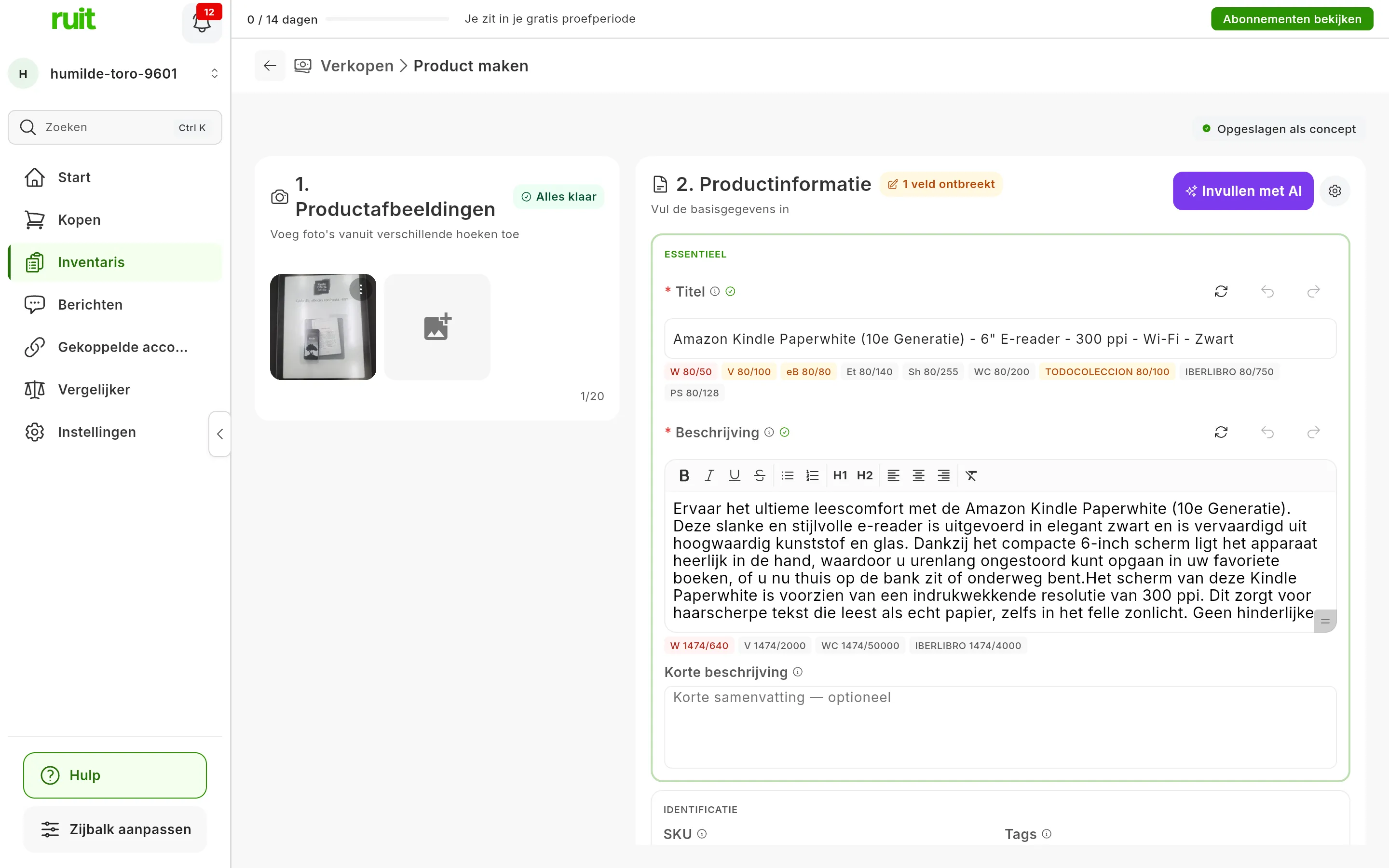 Het formulier na Invullen met AI met één foto van een e-reader: de titel en een lange beschrijving geschreven door de AI, onder elk de tekentellers van elke marketplace, sommige in het rood, en naast Titel en Beschrijving de knoppen om opnieuw te genereren, Ongedaan maken en Opnieuw
