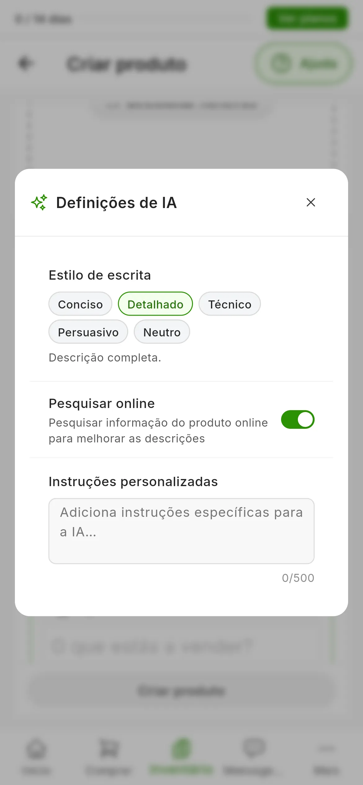 A janela Definições de IA com os cinco estilos de escrita, Conciso, Detalhado, Técnico, Persuasivo e Neutro, o interruptor Pesquisar online e o campo de instruções personalizadas com o contador de 500 caracteres
