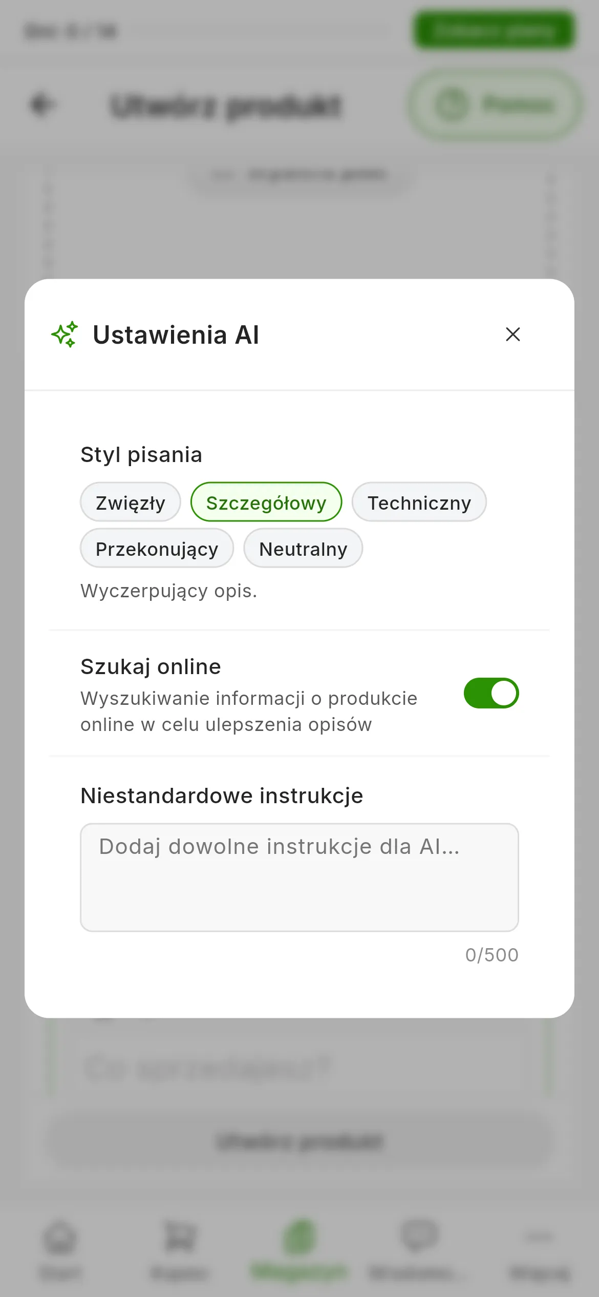 Okno Ustawienia AI z pięcioma stylami pisania: Zwięzły, Szczegółowy, Techniczny, Przekonujący i Neutralny, przełącznikiem Szukaj online oraz polem niestandardowych instrukcji z licznikiem 500 znaków