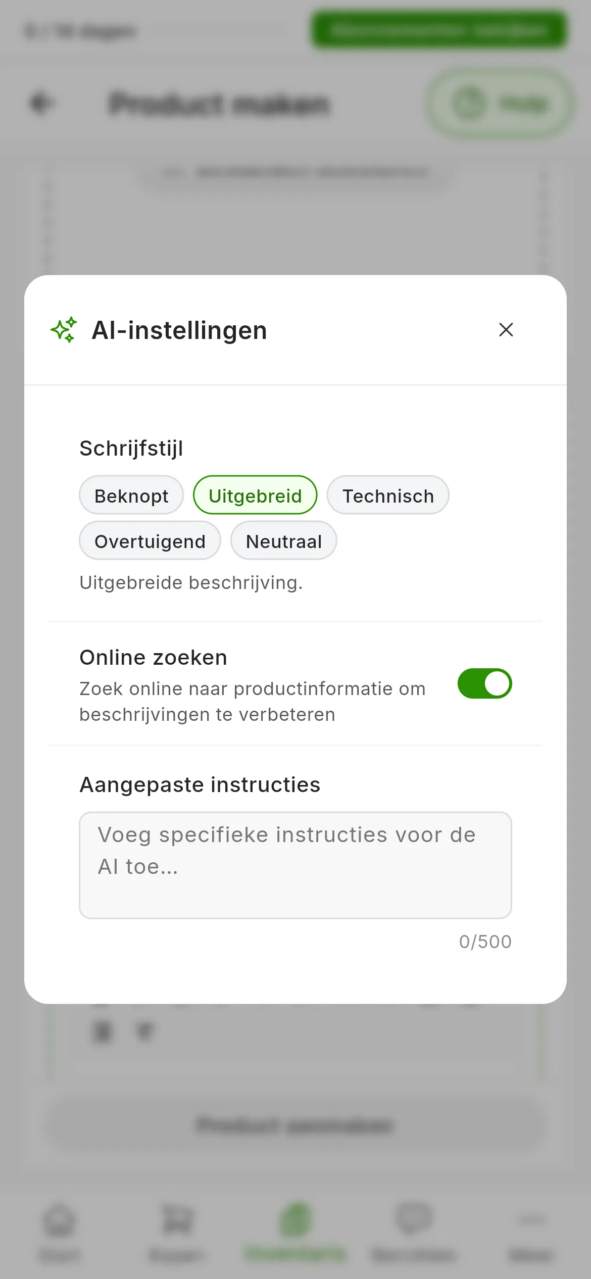 Het venster AI-instellingen met de vijf schrijfstijlen, Beknopt, Uitgebreid, Technisch, Overtuigend en Neutraal, de schakelaar Online zoeken en het veld voor aangepaste instructies met zijn teller van 500 tekens