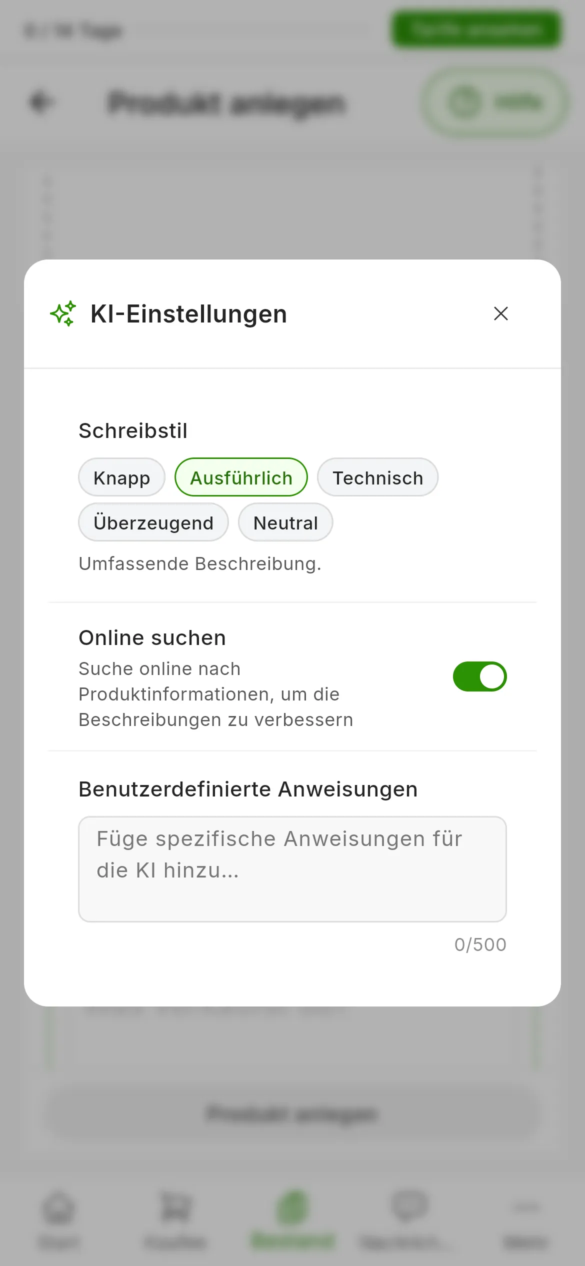 Das Fenster KI-Einstellungen mit den fünf Schreibstilen Knapp, Ausführlich, Technisch, Überzeugend und Neutral, dem Schalter Online suchen und dem Feld für benutzerdefinierte Anweisungen mit seinem Zähler für 500 Zeichen
