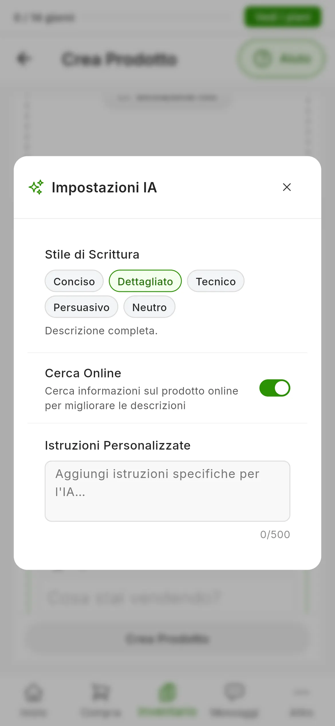 La finestra Impostazioni IA con i cinque stili di scrittura, Conciso, Dettagliato, Tecnico, Persuasivo e Neutro, l'interruttore Cerca Online e il campo delle istruzioni personalizzate con il contatore di 500 caratteri