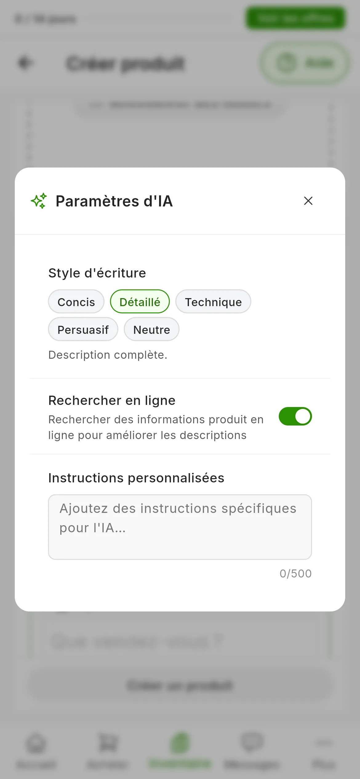 La fenêtre Paramètres d'IA avec les cinq styles d'écriture, Concis, Détaillé, Technique, Persuasif et Neutre, l'interrupteur Rechercher en ligne et le champ des instructions personnalisées avec son compteur de 500 caractères