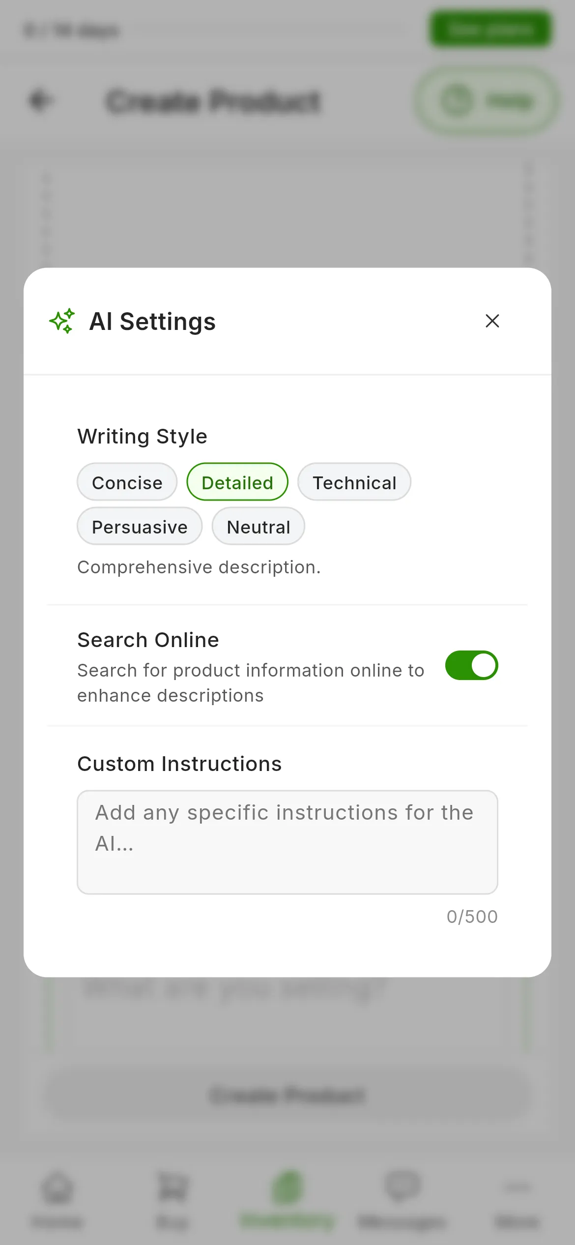 The AI Settings window with the five writing styles, Concise, Detailed, Technical, Persuasive and Neutral, the Search Online switch and the custom instructions field with its 500-character counter