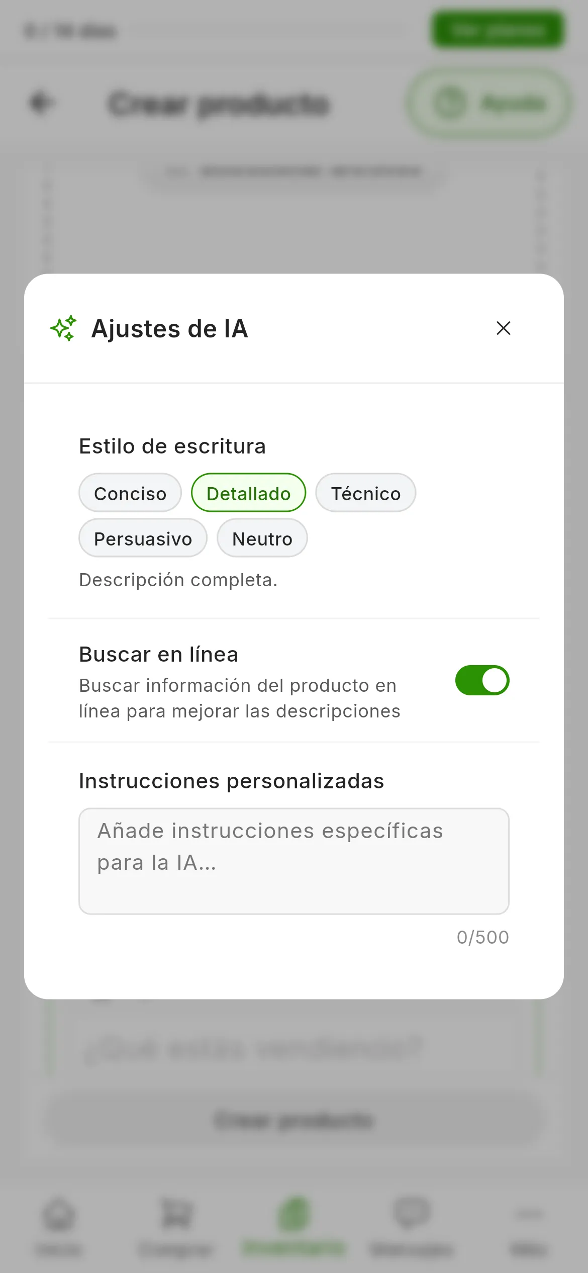 La ventana Ajustes de IA con los cinco estilos de escritura, Conciso, Detallado, Técnico, Persuasivo y Neutro, el interruptor Buscar en línea y el campo de instrucciones personalizadas con su contador de 500 caracteres