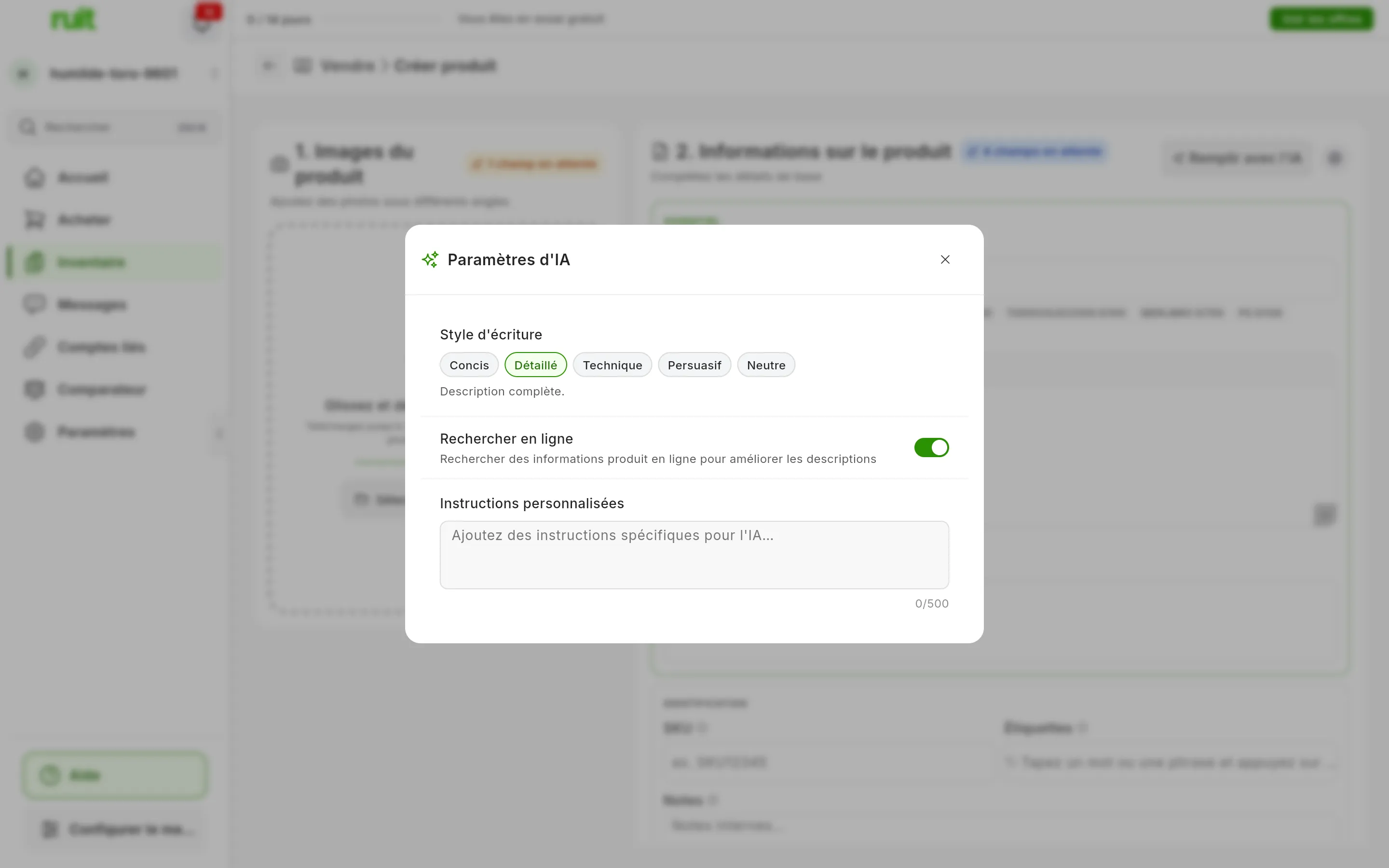 La fenêtre Paramètres d'IA avec les cinq styles d'écriture, Concis, Détaillé, Technique, Persuasif et Neutre, l'interrupteur Rechercher en ligne et le champ des instructions personnalisées avec son compteur de 500 caractères