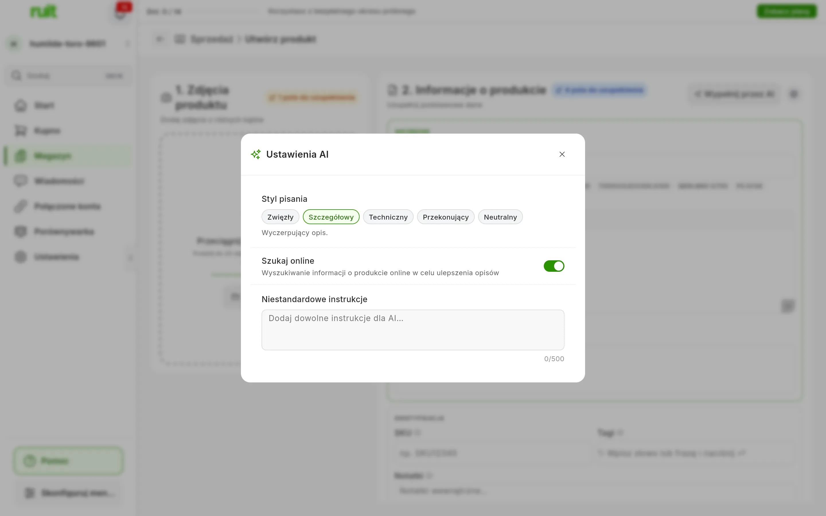 Okno Ustawienia AI z pięcioma stylami pisania: Zwięzły, Szczegółowy, Techniczny, Przekonujący i Neutralny, przełącznikiem Szukaj online oraz polem niestandardowych instrukcji z licznikiem 500 znaków