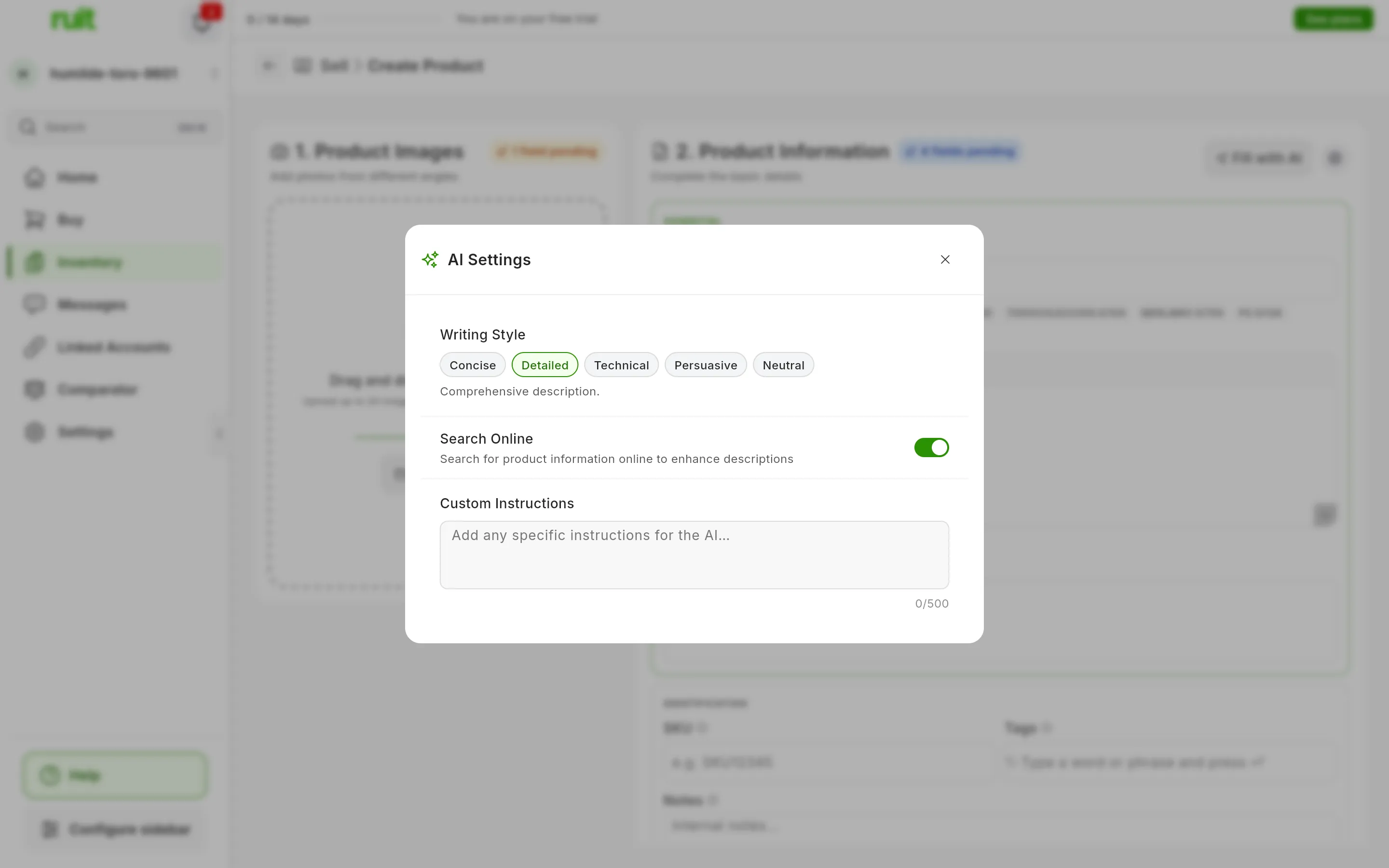 The AI Settings window with the five writing styles, Concise, Detailed, Technical, Persuasive and Neutral, the Search Online switch and the custom instructions field with its 500-character counter