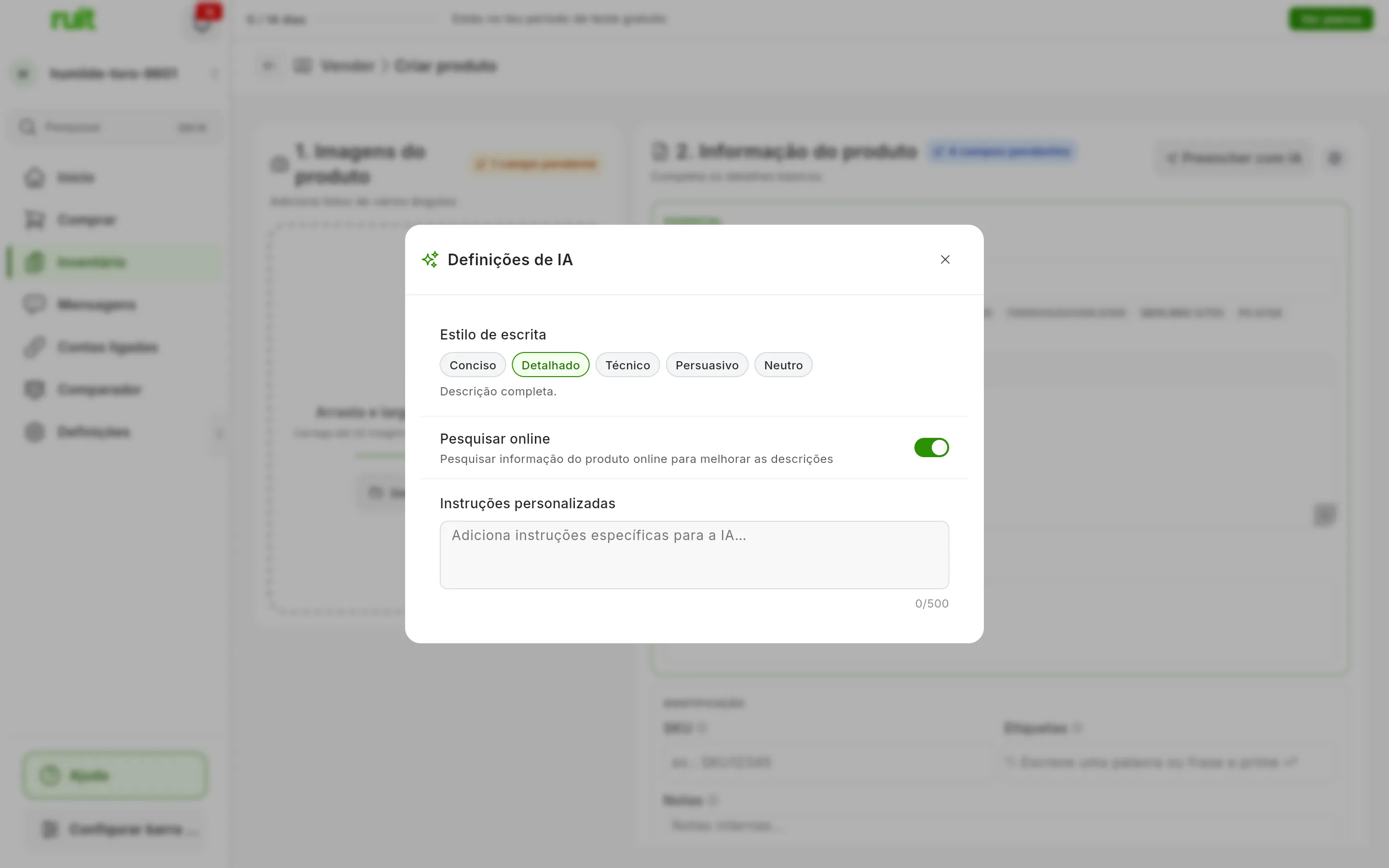 A janela Definições de IA com os cinco estilos de escrita, Conciso, Detalhado, Técnico, Persuasivo e Neutro, o interruptor Pesquisar online e o campo de instruções personalizadas com o contador de 500 caracteres