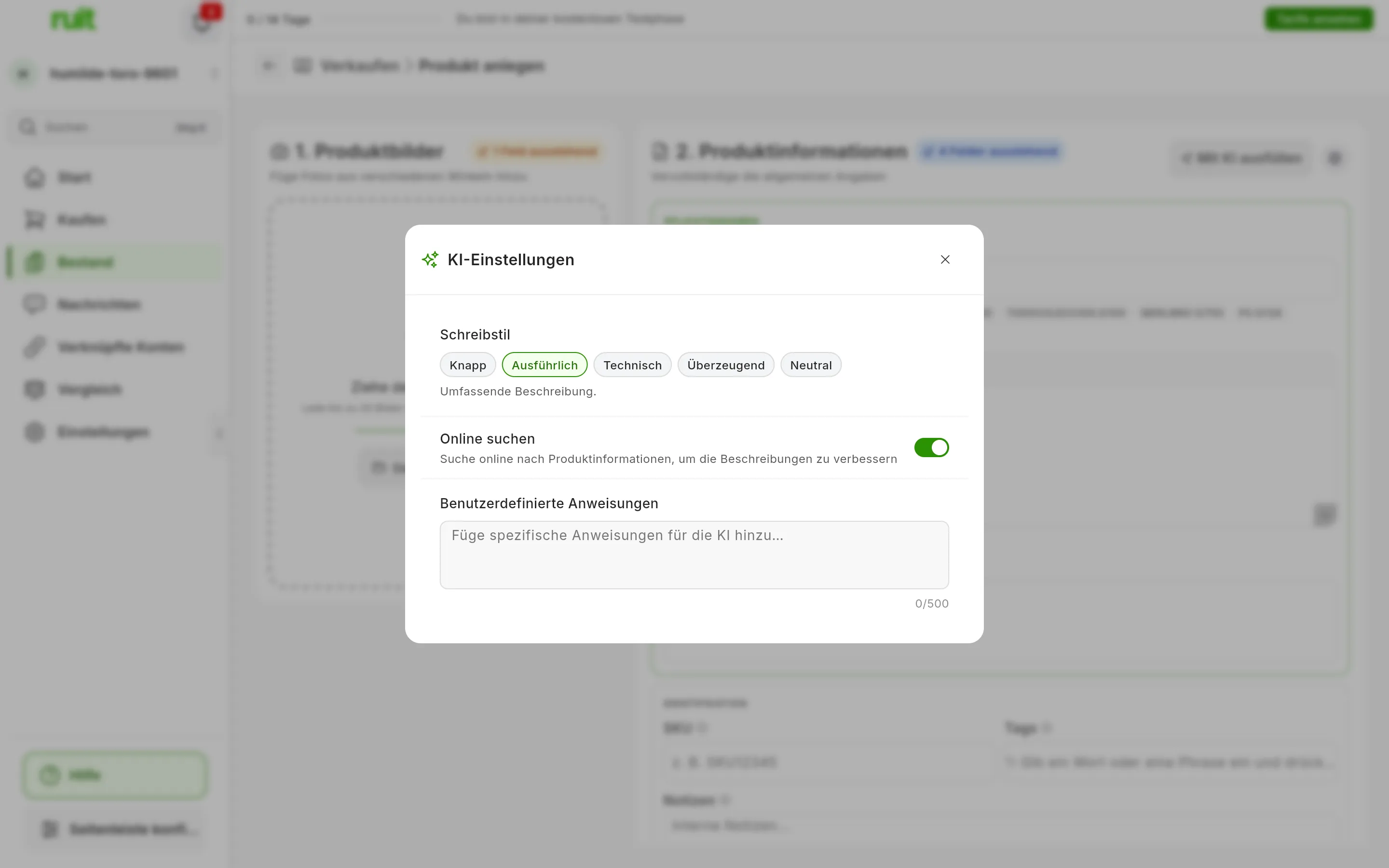 Das Fenster KI-Einstellungen mit den fünf Schreibstilen Knapp, Ausführlich, Technisch, Überzeugend und Neutral, dem Schalter Online suchen und dem Feld für benutzerdefinierte Anweisungen mit seinem Zähler für 500 Zeichen