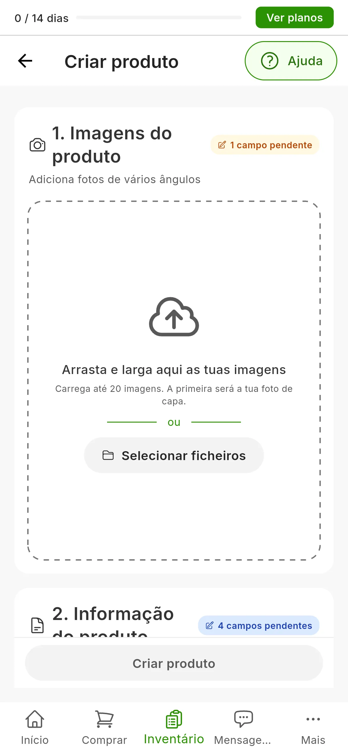O formulário de criar produto acabado de abrir: 1. Imagens do produto, com a zona para arrastar fotos e 1 campo pendente, e 2. Informação do produto, com 4 campos pendentes