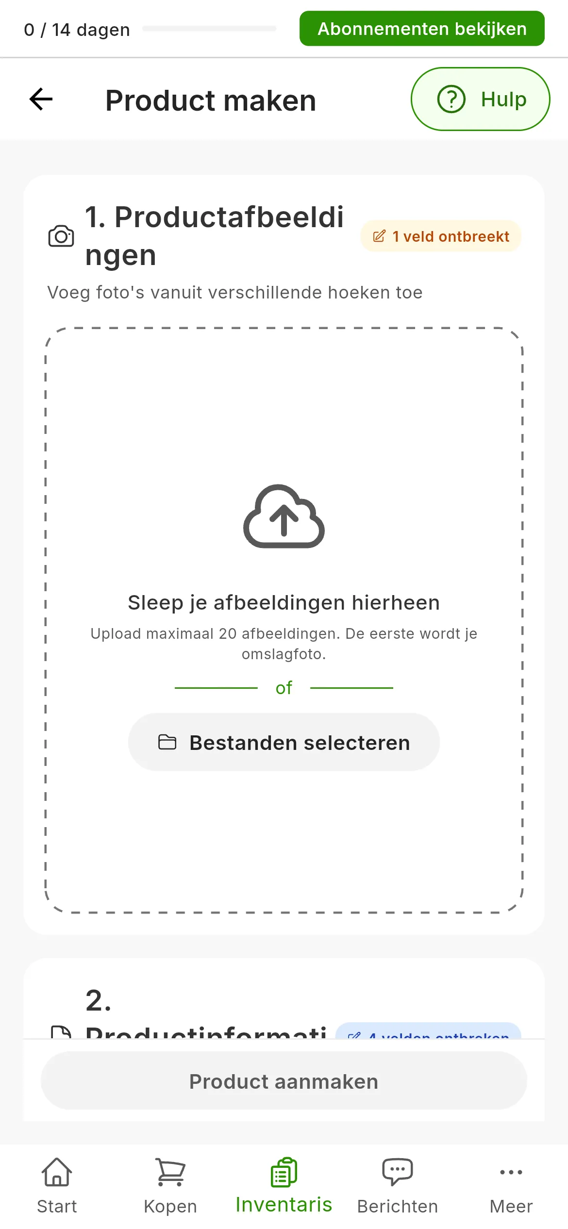 Het formulier om een product aan te maken, net geopend: 1. Productafbeeldingen, met de zone om foto's naartoe te slepen en 1 veld ontbreekt, en 2. Productinformatie, waar 4 velden ontbreken