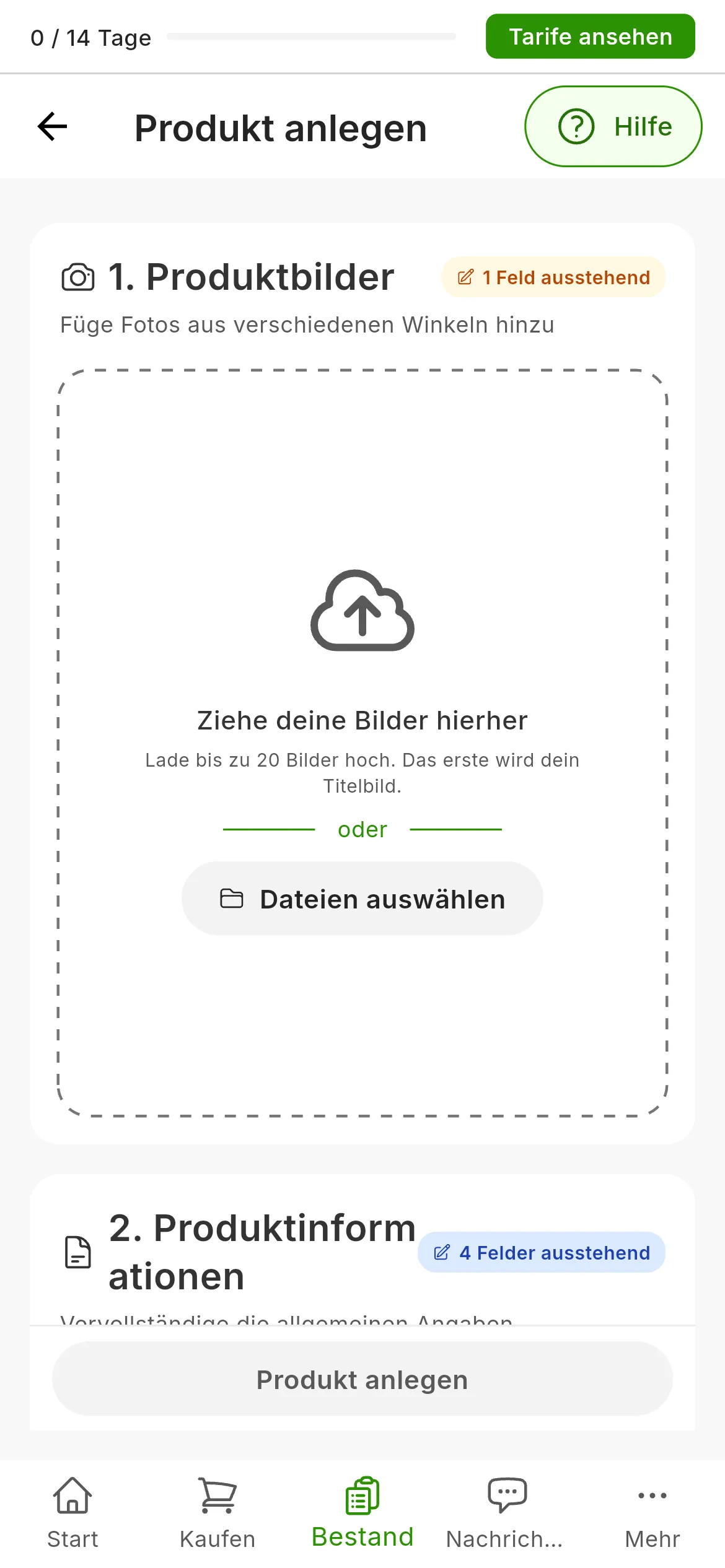 Das frisch geöffnete Formular zum Anlegen eines Produkts: 1. Produktbilder mit der Fläche zum Hineinziehen von Fotos, 1 Feld ausstehend, und 2. Produktinformationen, 4 Felder ausstehend