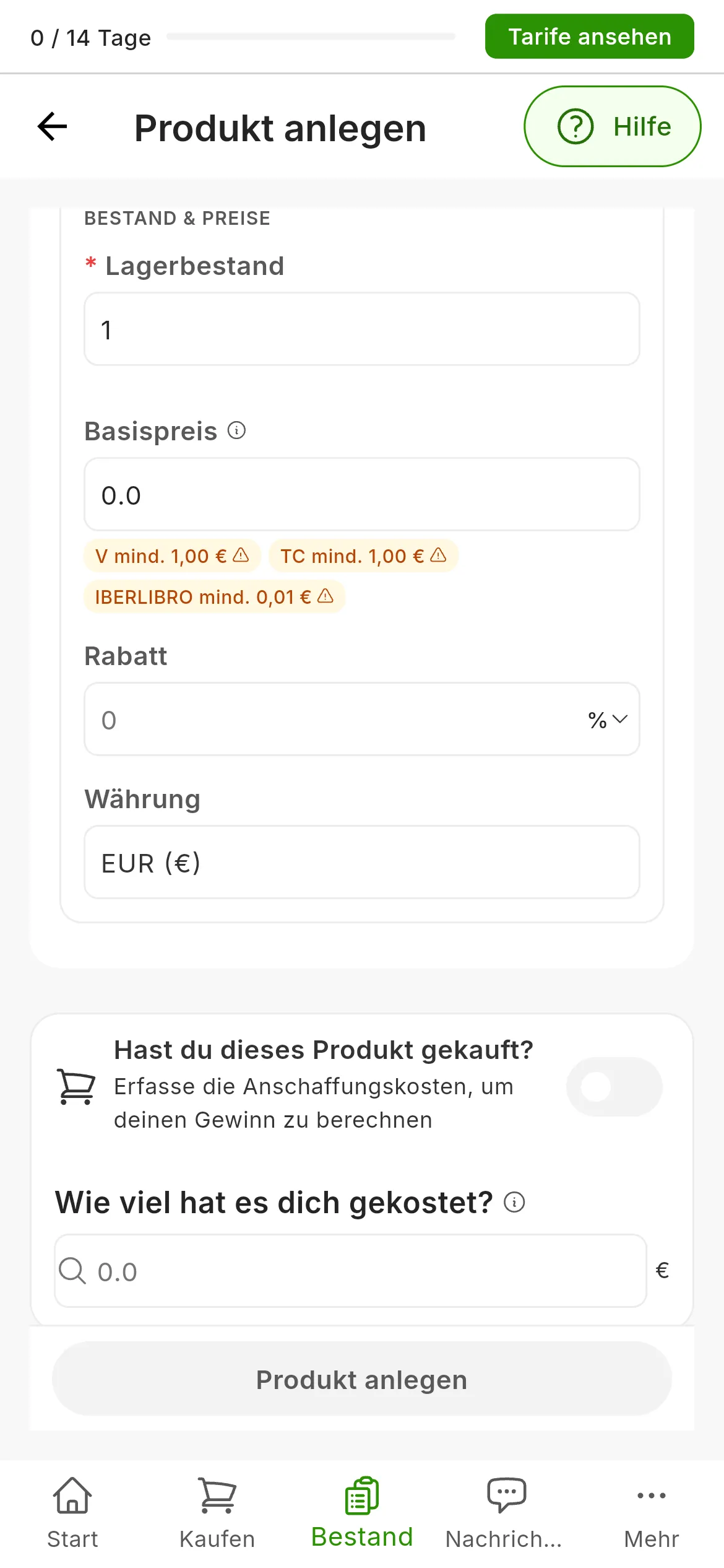 Der Abschnitt BESTAND & PREISE: Lagerbestand auf 1, Basispreis auf 0.0 mit den Mindestpreis-Hinweisen von Vinted, Todocolección und IberLibro, Rabatt und Währung EUR; darunter Hast du dieses Produkt gekauft? sowie die noch graue Schaltfläche Produkt anlegen