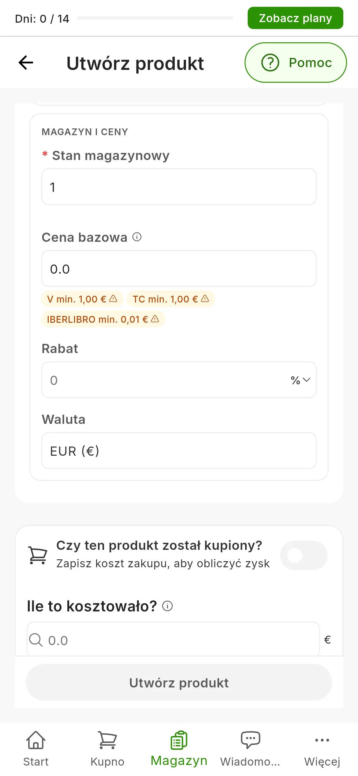 Sekcja MAGAZYN I CENY: Stan magazynowy ustawiony na 1, Cena bazowa 0.0 z ostrzeżeniami o cenie minimalnej Vinted, Todocolección i IberLibro, Rabat i Waluta EUR; poniżej Czy ten produkt został kupiony? oraz wciąż szary przycisk Utwórz produkt