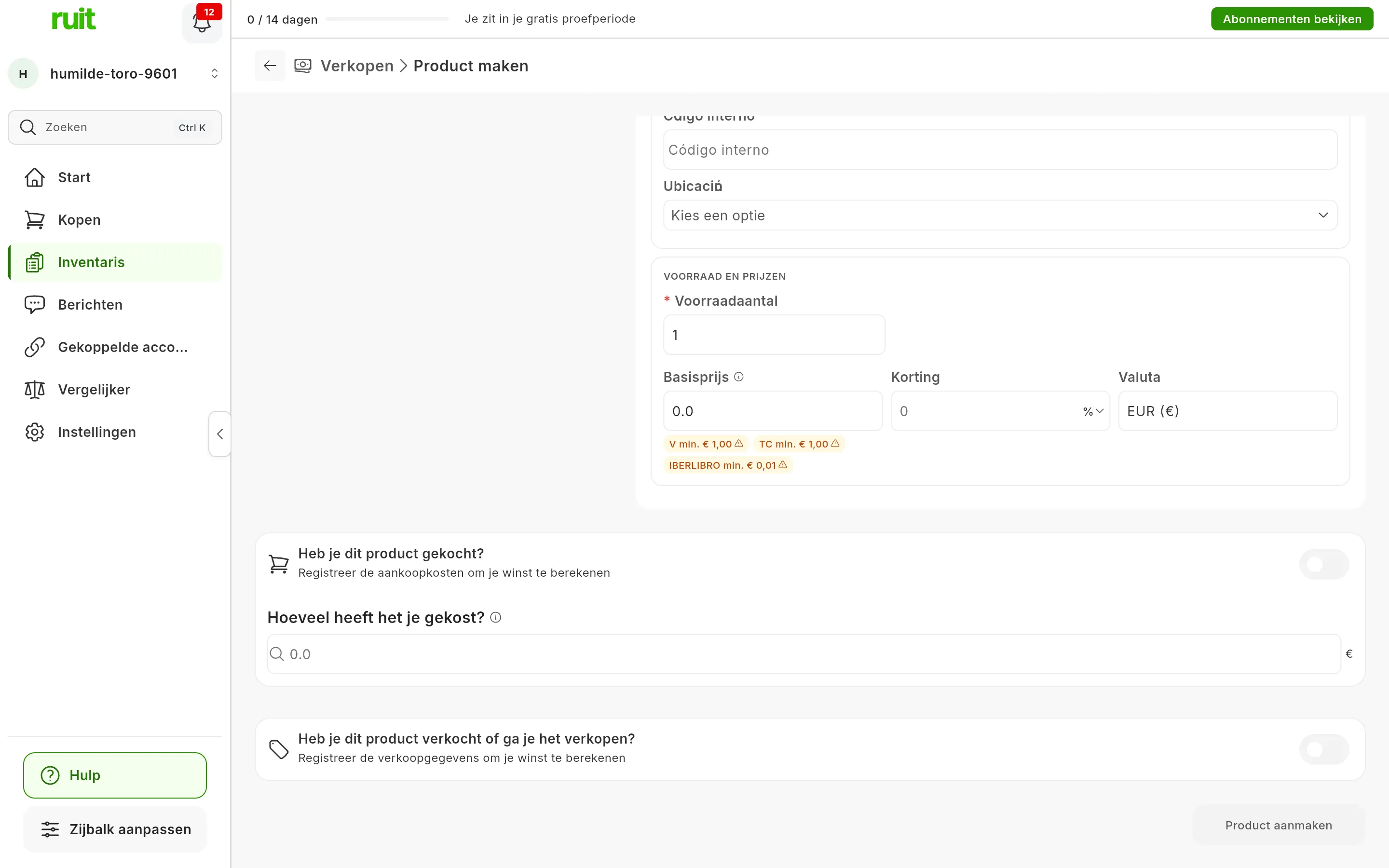 De sectie VOORRAAD EN PRIJZEN: Voorraadaantal op 1, Basisprijs op 0.0 met de meldingen over de minimumprijs van Vinted, Todocolección en IberLibro, Korting en Valuta EUR; daaronder Heb je dit product gekocht? en Heb je dit product verkocht of ga je het verkopen?, en de knop Product aanmaken nog grijs