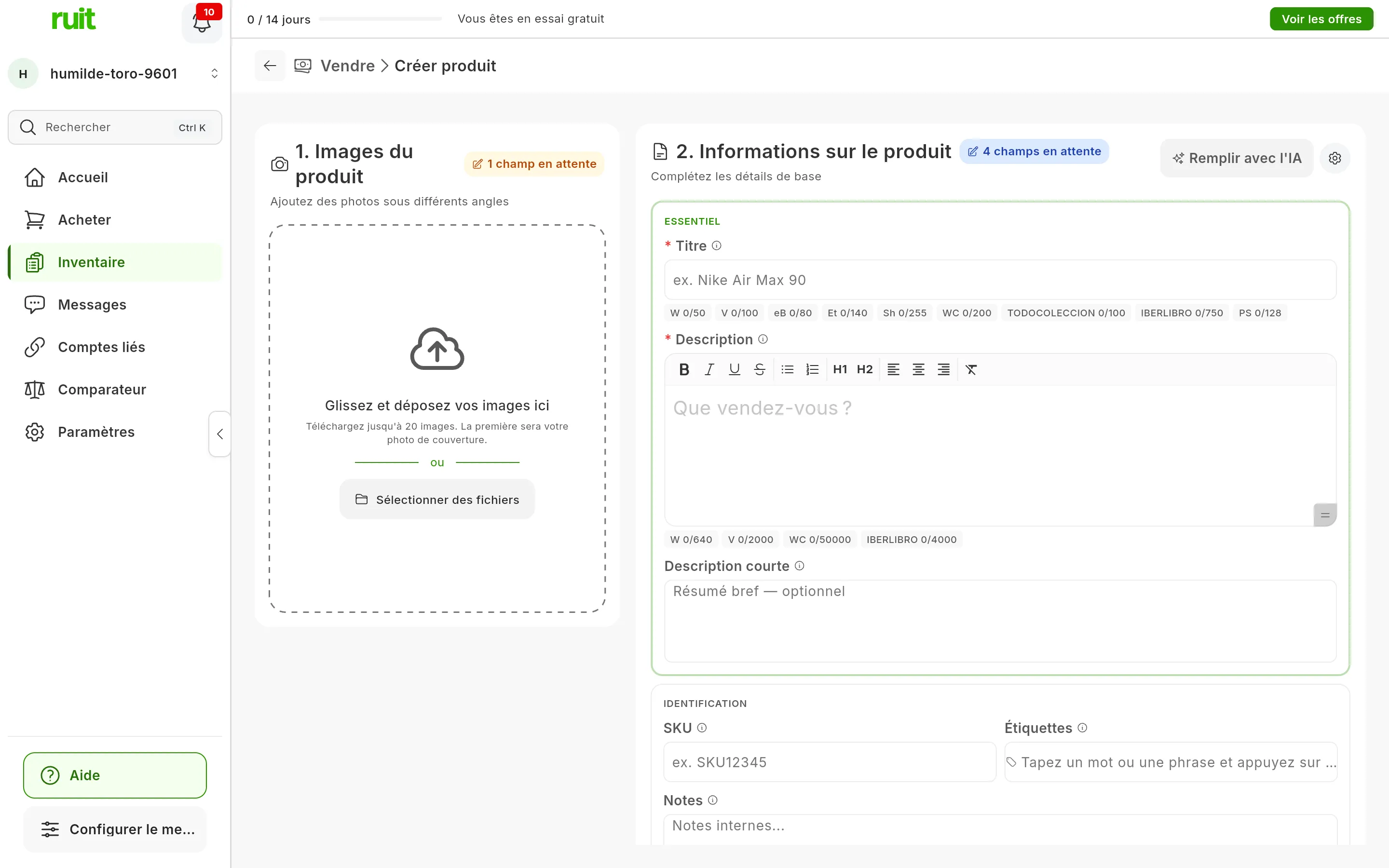 Le formulaire de création de produit tout juste ouvert : à gauche 1. Images du produit, avec la zone où glisser les photos et 1 champ en attente ; à droite 2. Informations sur le produit, avec le bouton Remplir avec l'IA, 4 champs en attente et les champs Titre et Description marqués d'un astérisque