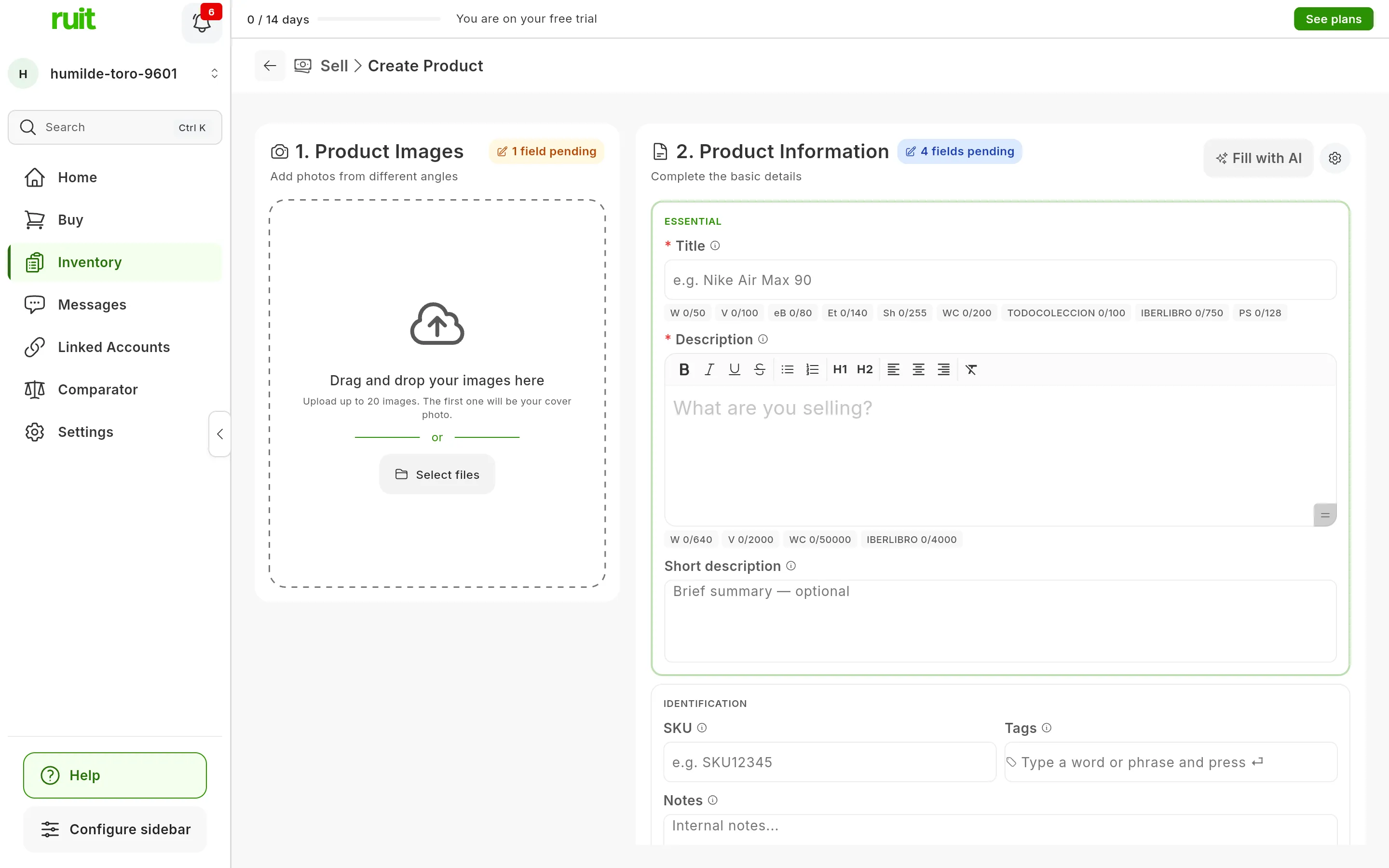 The create-product form just opened: on the left 1. Product Images, with the area for dragging photos in and 1 field pending; on the right 2. Product Information, with the Fill with AI button, 4 fields pending and the Title and Description fields marked with an asterisk