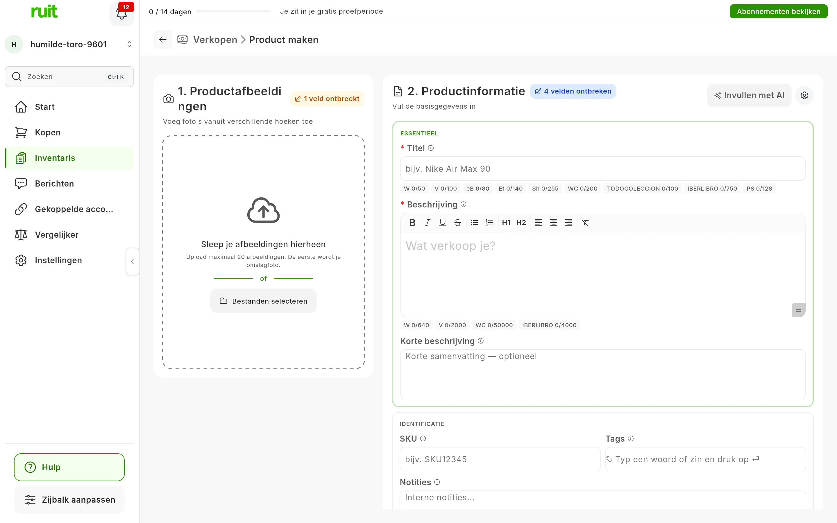 Het formulier om een product aan te maken, net geopend: links 1. Productafbeeldingen, met de zone om foto's naartoe te slepen en 1 veld ontbreekt; rechts 2. Productinformatie, met de knop Invullen met AI, 4 velden ontbreken en de velden Titel en Beschrijving met een sterretje