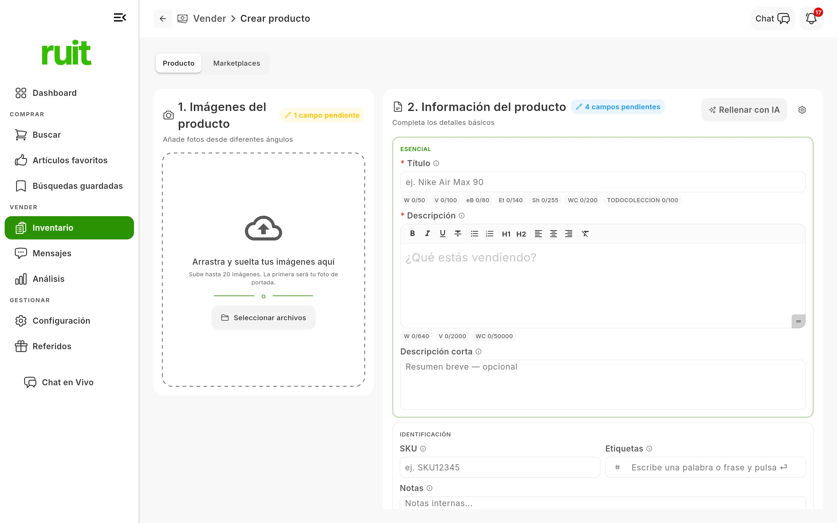 El formulario de crear producto recién abierto, en dos columnas: a la izquierda «1. Imágenes del producto» con la caja de arrastrar y soltar y la etiqueta «1 campo pendiente»; a la derecha «2. Información del producto» con la etiqueta «4 campos pendientes» y los rótulos Título y Descripción precedidos de un asterisco.