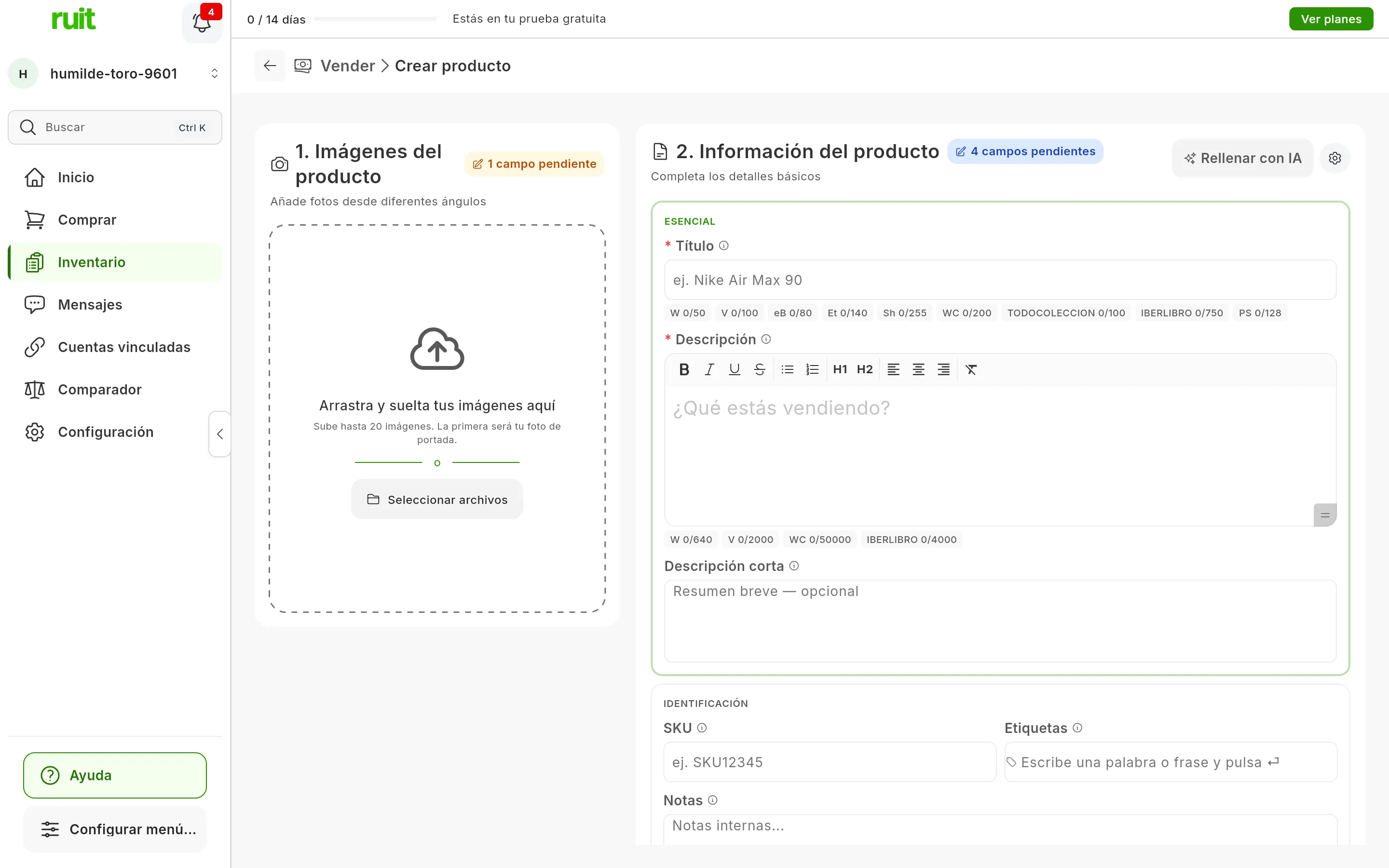 El formulario de crear producto recién abierto: 1. Imágenes del producto, con la zona para arrastrar fotos y 1 campo pendiente, y 2. Información del producto, con 4 campos pendientes