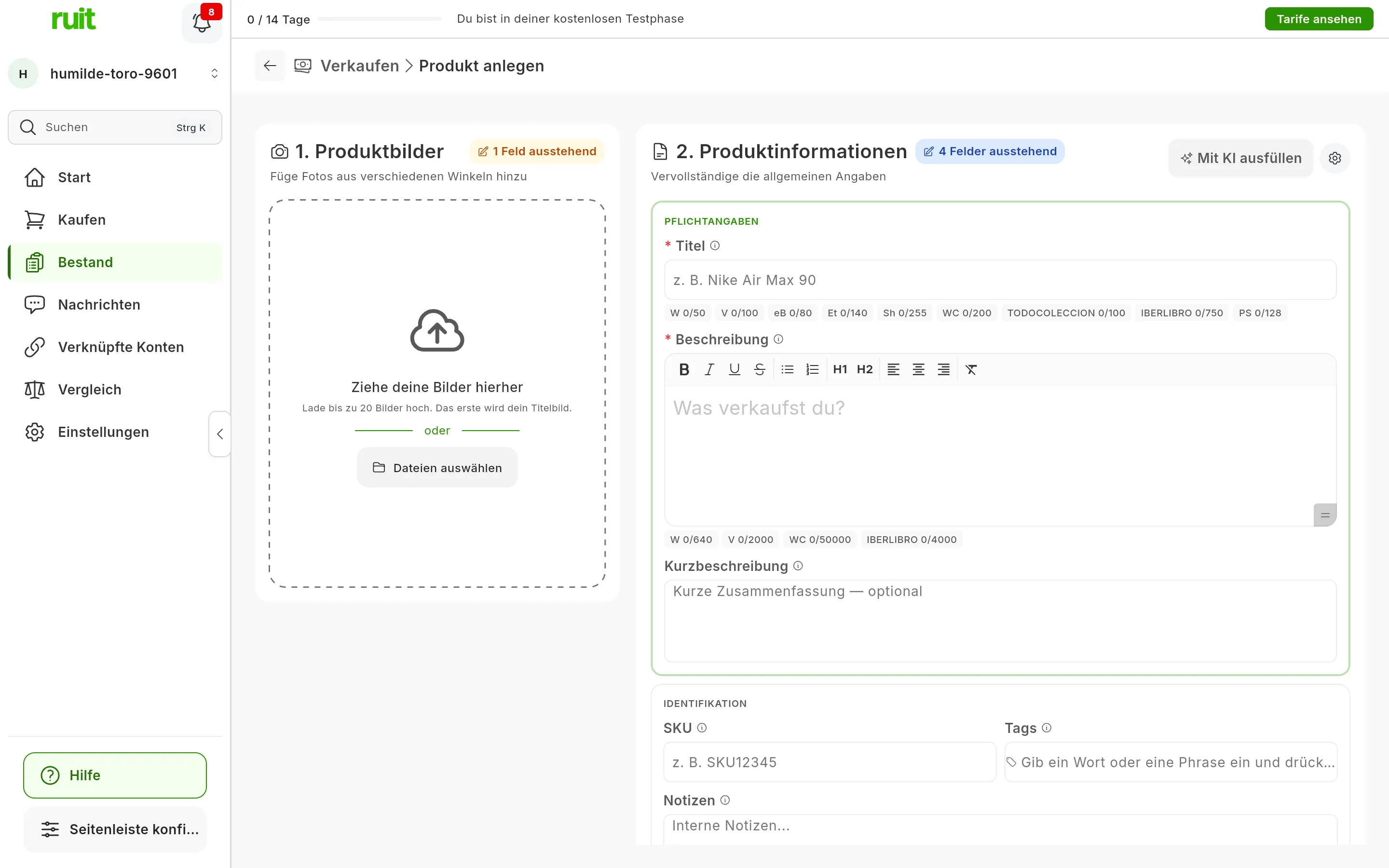 Das frisch geöffnete Formular zum Anlegen eines Produkts: links 1. Produktbilder mit der Fläche zum Hineinziehen von Fotos und 1 Feld ausstehend; rechts 2. Produktinformationen mit der Schaltfläche Mit KI ausfüllen, 4 Felder ausstehend und den mit Sternchen markierten Feldern Titel und Beschreibung