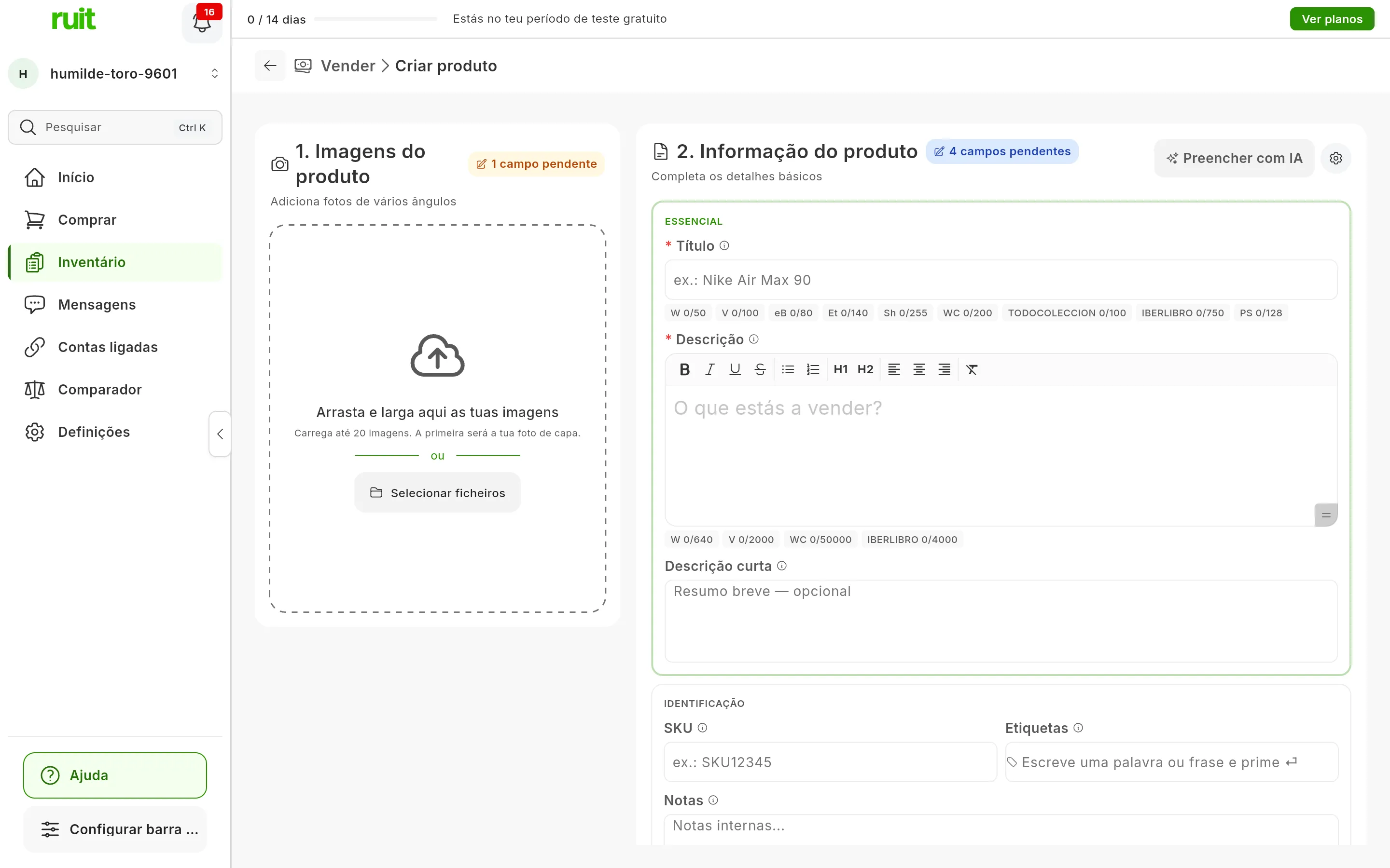O formulário de criar produto acabado de abrir: à esquerda 1. Imagens do produto, com a zona para arrastar fotos e 1 campo pendente; à direita 2. Informação do produto, com o botão Preencher com IA, 4 campos pendentes e os campos Título e Descrição marcados com asterisco