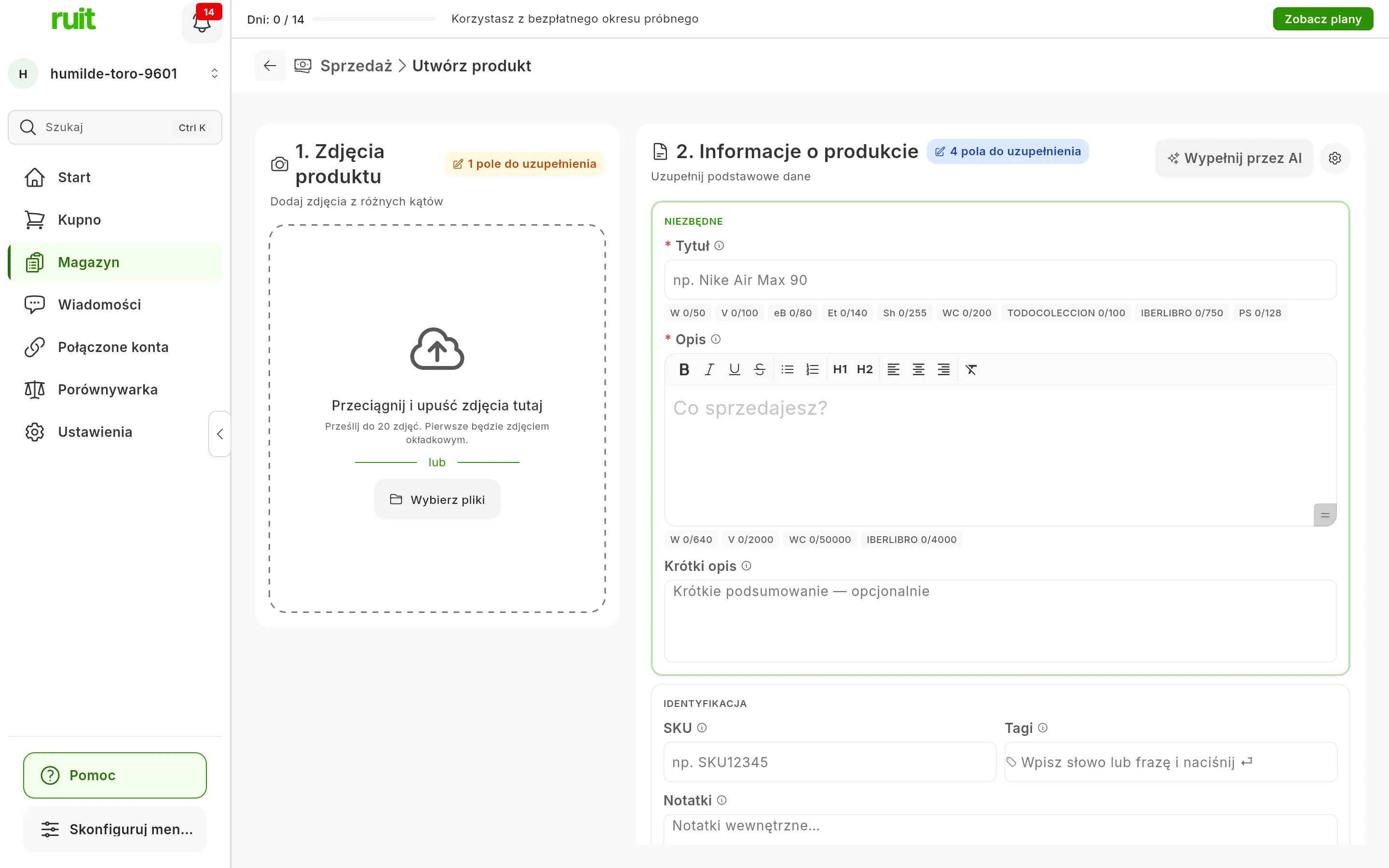 Świeżo otwarty formularz tworzenia produktu: po lewej 1. Zdjęcia produktu, z polem do przeciągania zdjęć i plakietką 1 pole do uzupełnienia; po prawej 2. Informacje o produkcie, z przyciskiem Wypełnij przez AI, plakietką 4 pola do uzupełnienia oraz polami Tytuł i Opis oznaczonymi gwiazdką